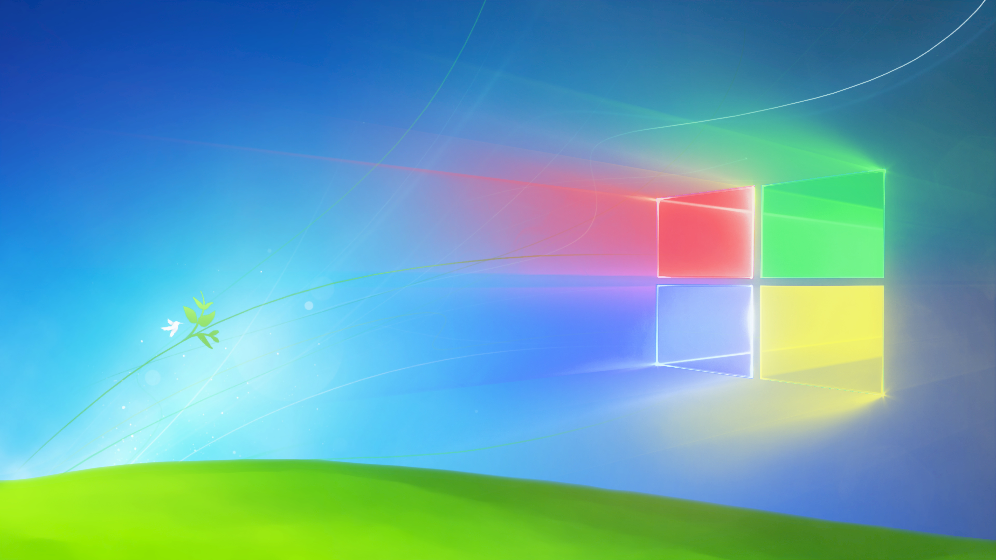 Microsoft Windows logo, green grassy hill, abstract light streaks, 4K Desktop wallpaper