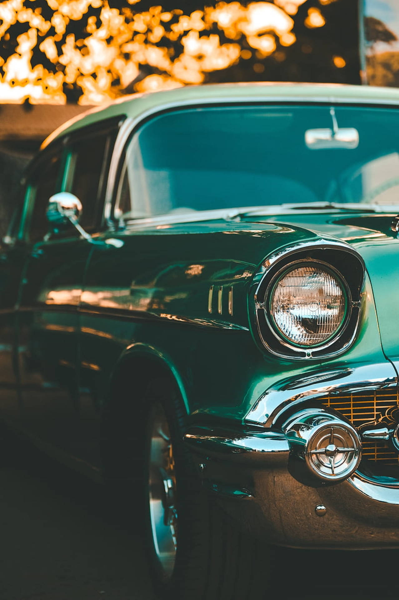 1957 Chevrolet Bel Air, vintage chrome headlight, turquoise classic car, HD Phone wallpaper
