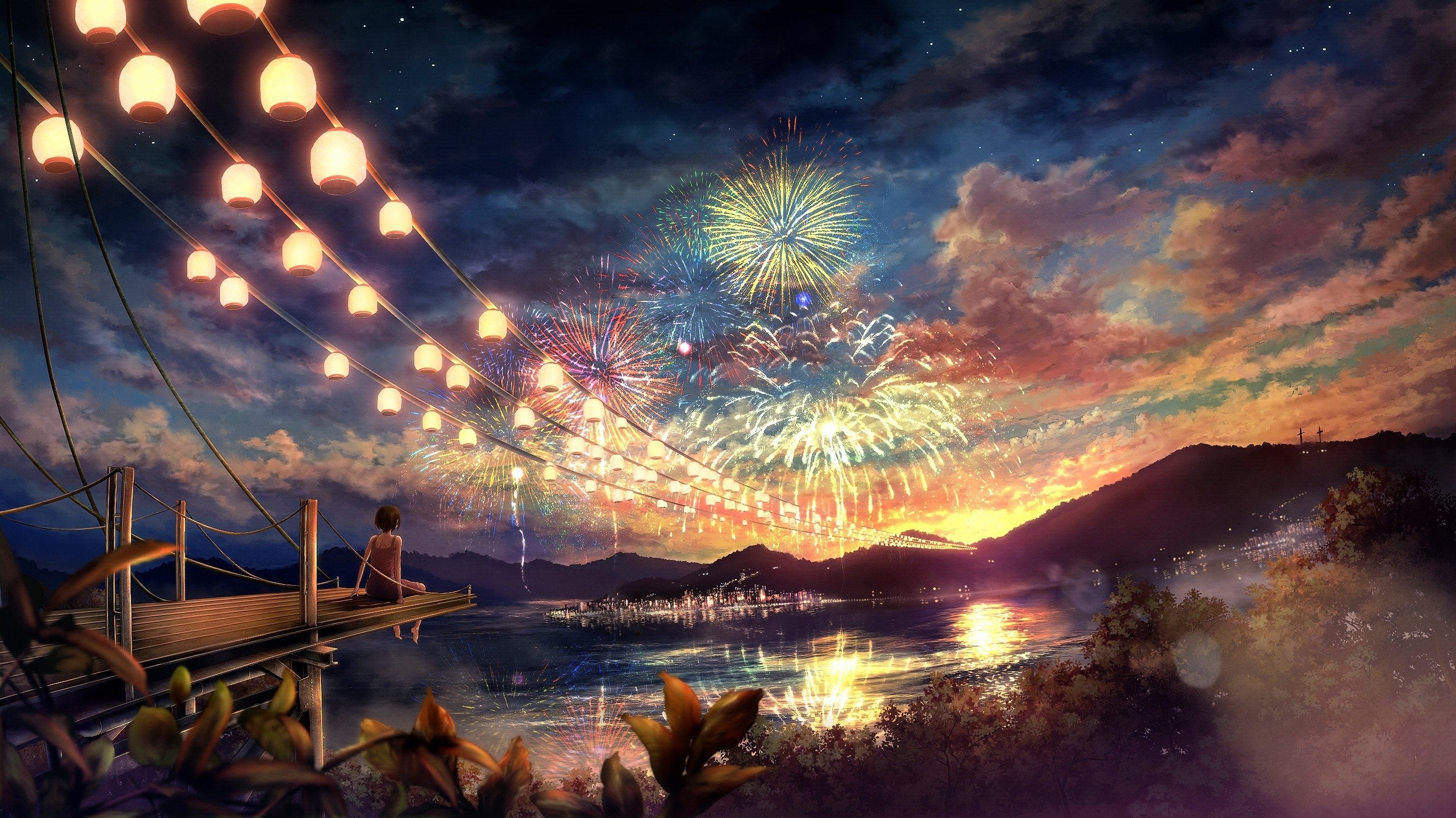 illuminated festival string lanterns, bursting fireworks over bay, girl sitting on deck, HD Desktop wallpaper
