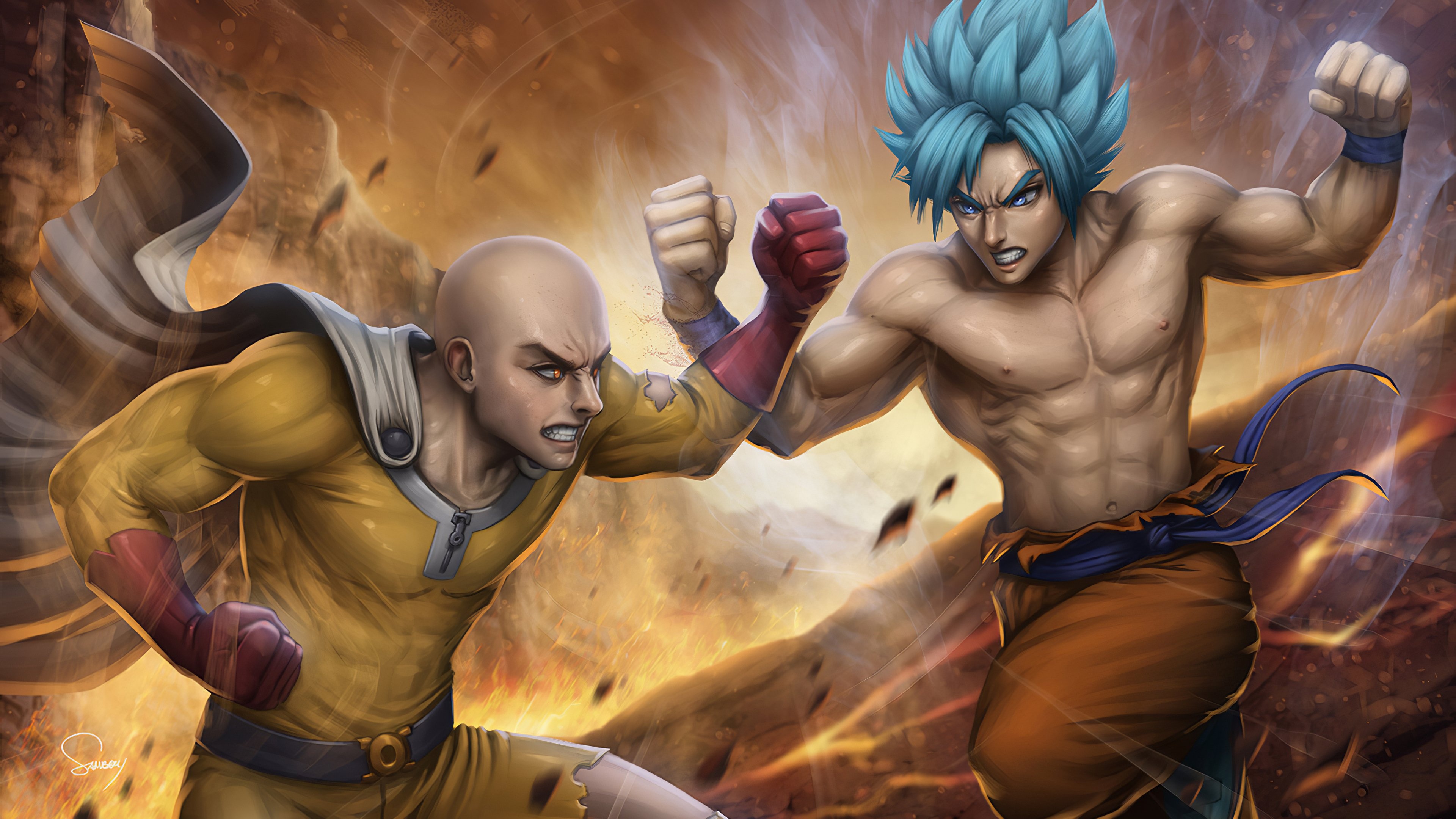 Saitama, Super Saiyan Blue Goku, Fiery battlefield scene, 4K Desktop wallpaper