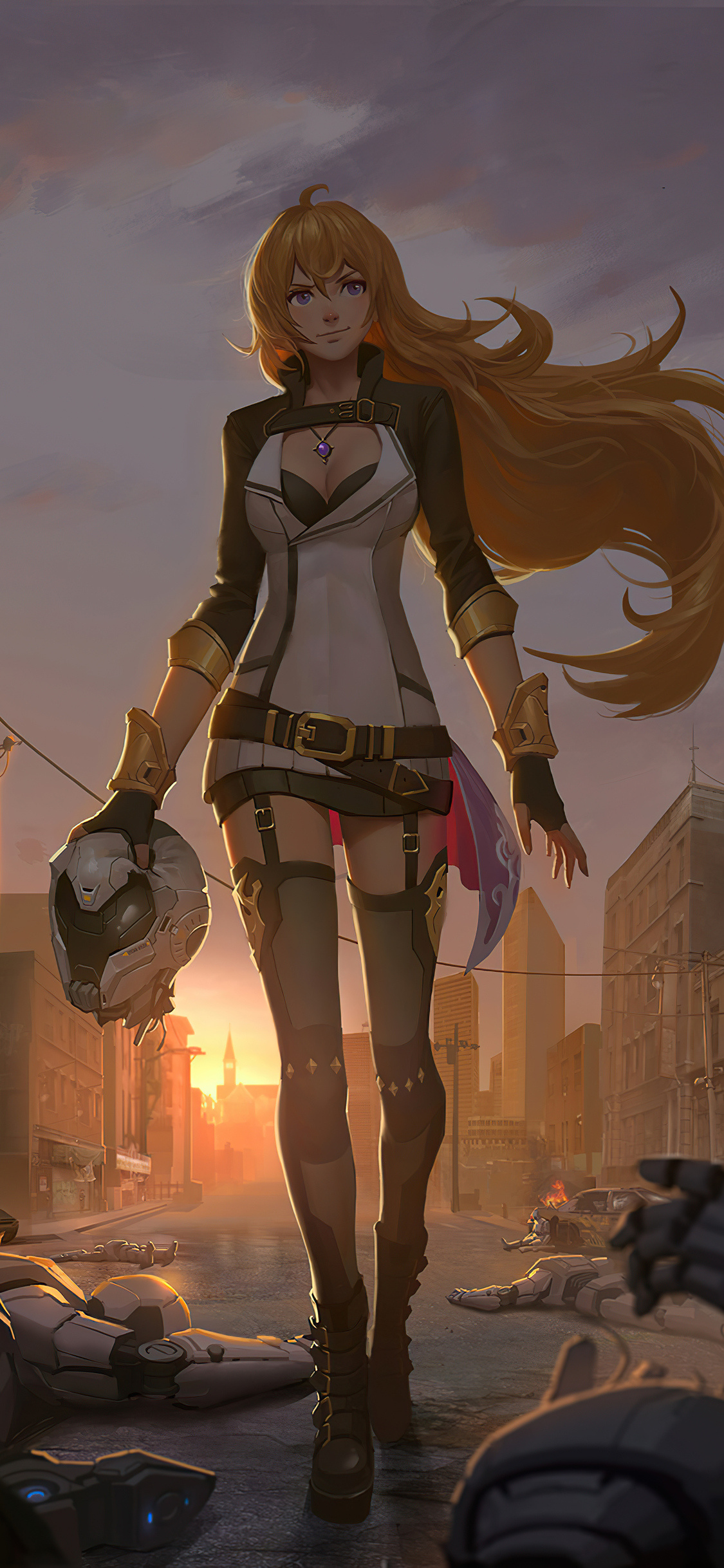 Yang fan art, RWBY 5K render, iPhone XS tribute, Post-battle scene, Anime aesthetics, 1130x2440 HD Phone