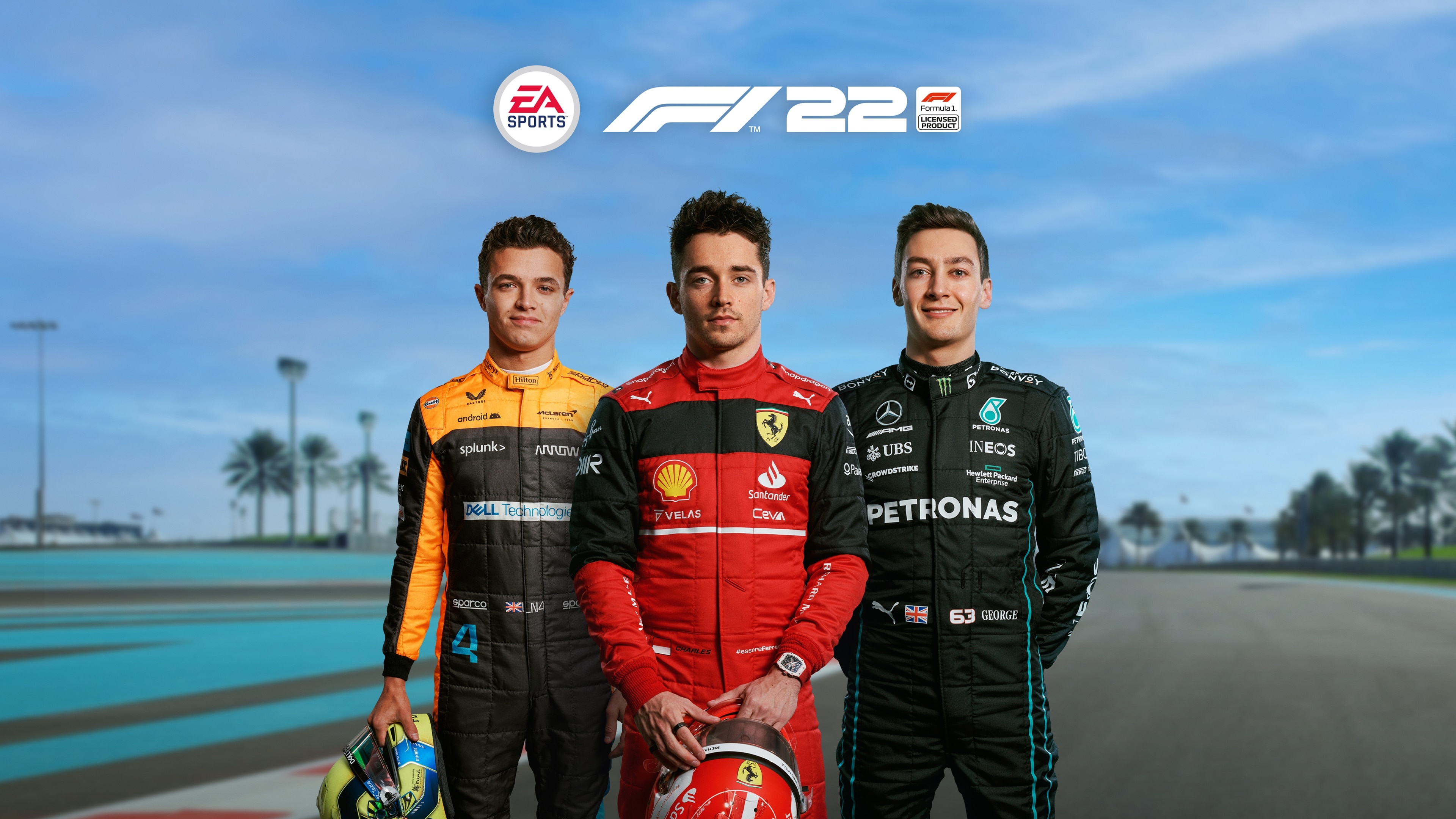 Charles Leclerc, Lando Norris, George Russell, EA Sports F1 22 logo, 4K Desktop wallpaper