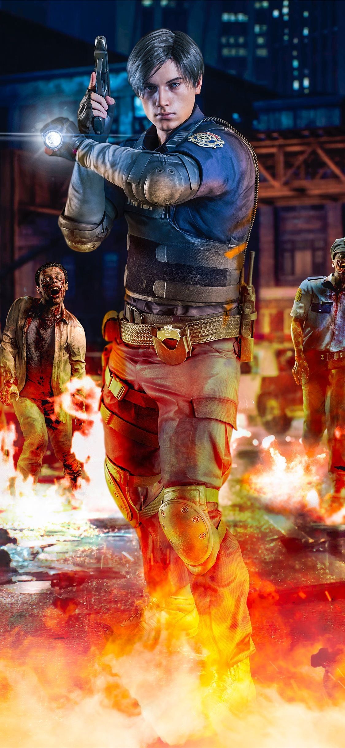 Leon S. Kennedy, Raccoon City zombies, burning street, HD Phone wallpaper