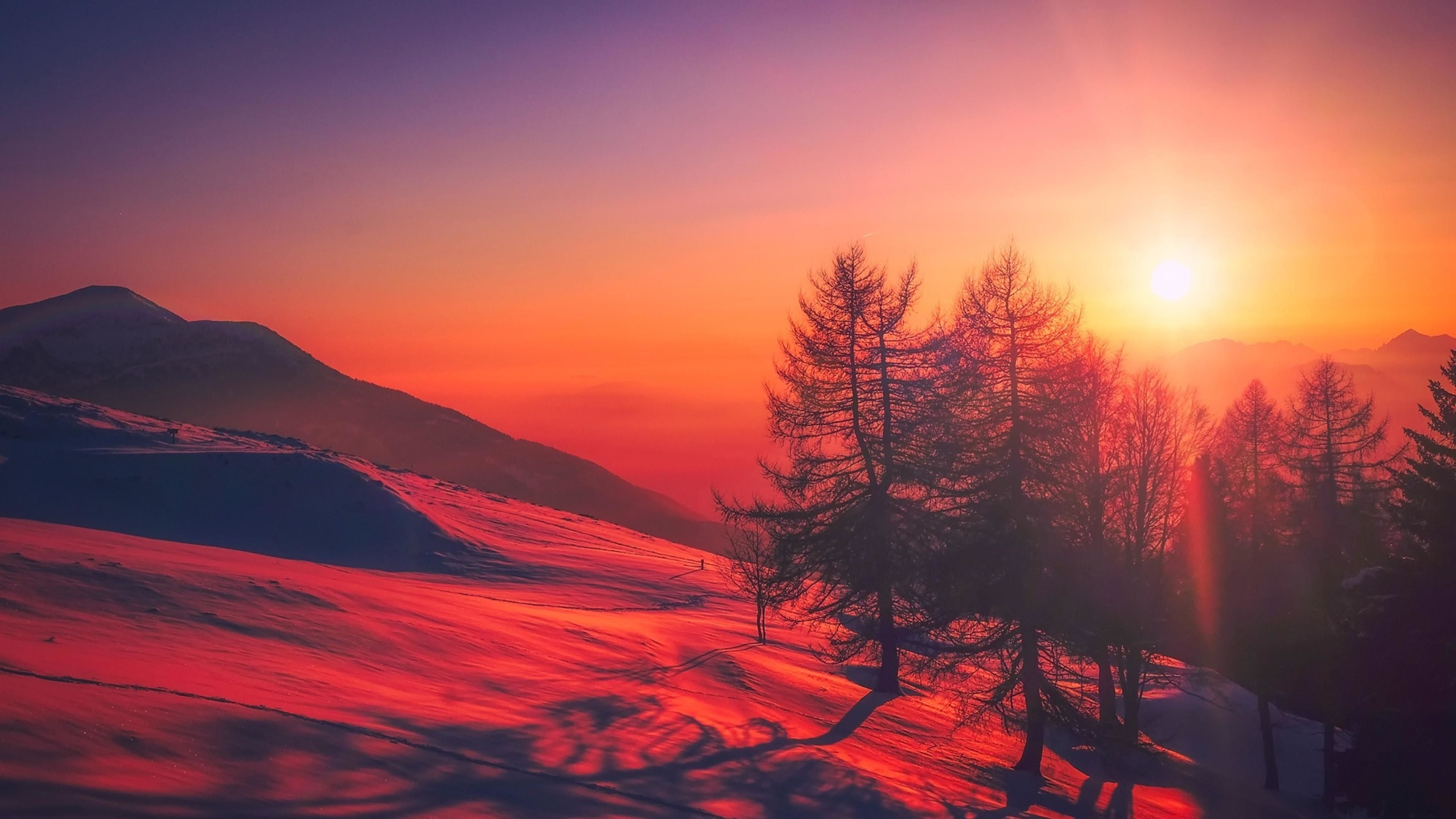 snow-covered alpine slope, silhouette pine trees, crimson sunset glow, 4K Desktop wallpaper