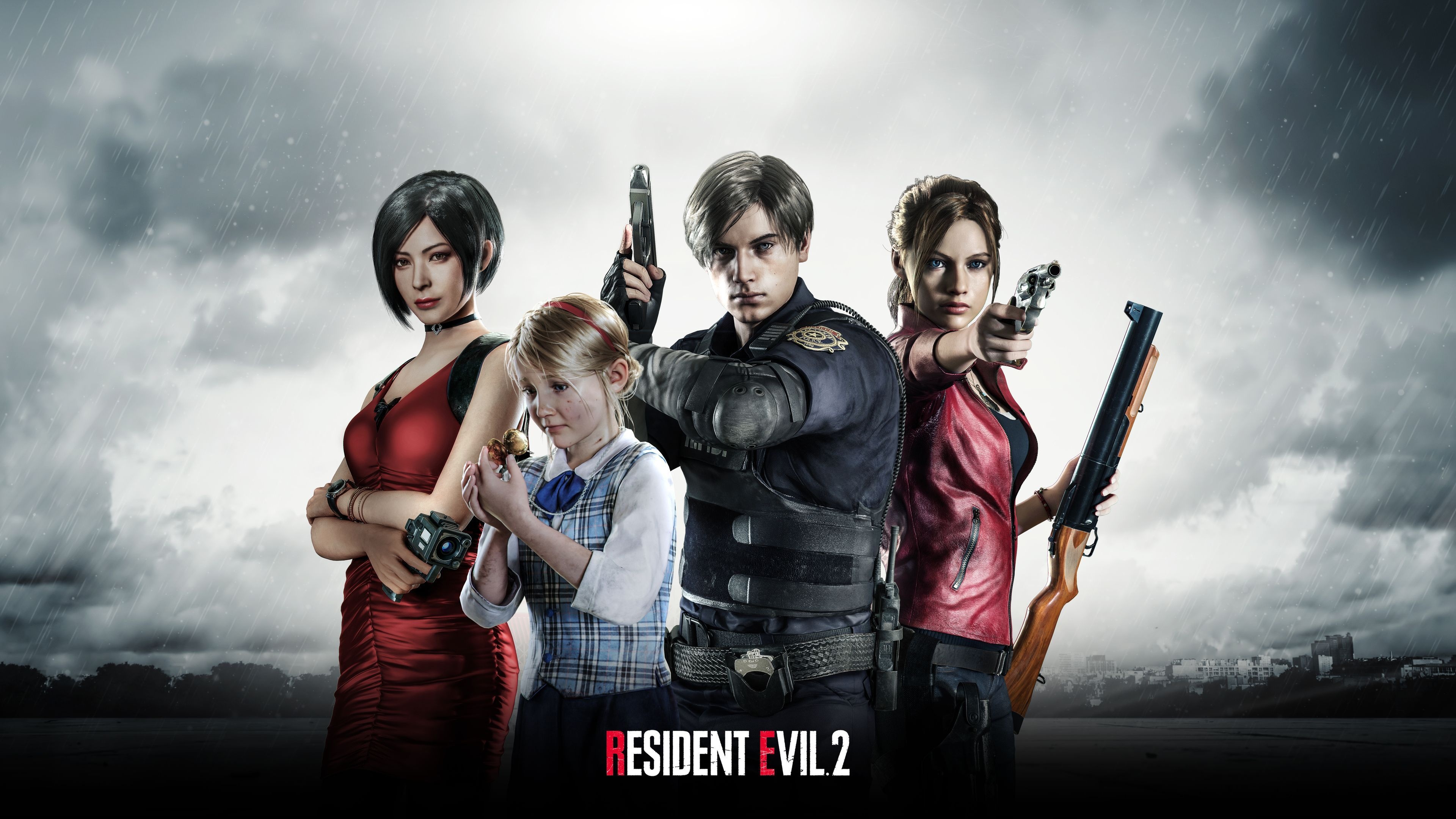 Leon S. Kennedy, Claire Redfield, Ada Wong, Sherry Birkin, RESIDENT EVIL 2 logo, 4K Desktop wallpaper