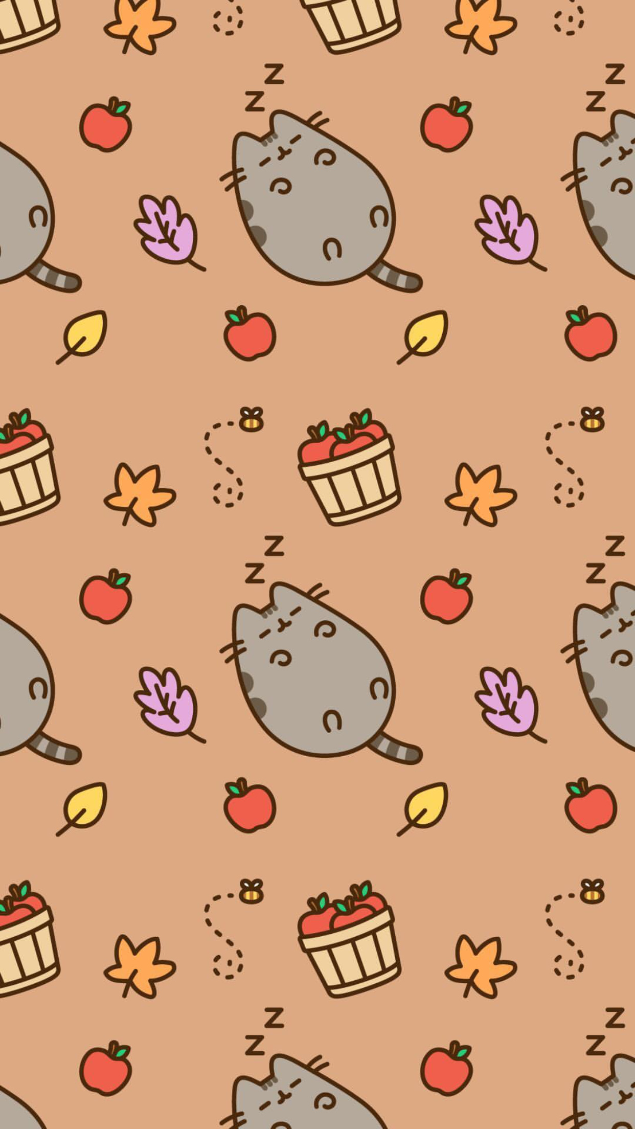 Sleeping Pusheen, Autumn apple basket, Falling autumn leaves, HD Phone wallpaper
