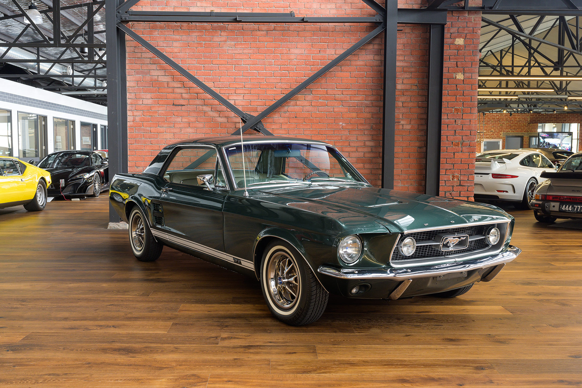 1967 Ford Mustang Coupe, Classic car showroom, Porsche 911 GT3, HD Desktop wallpaper