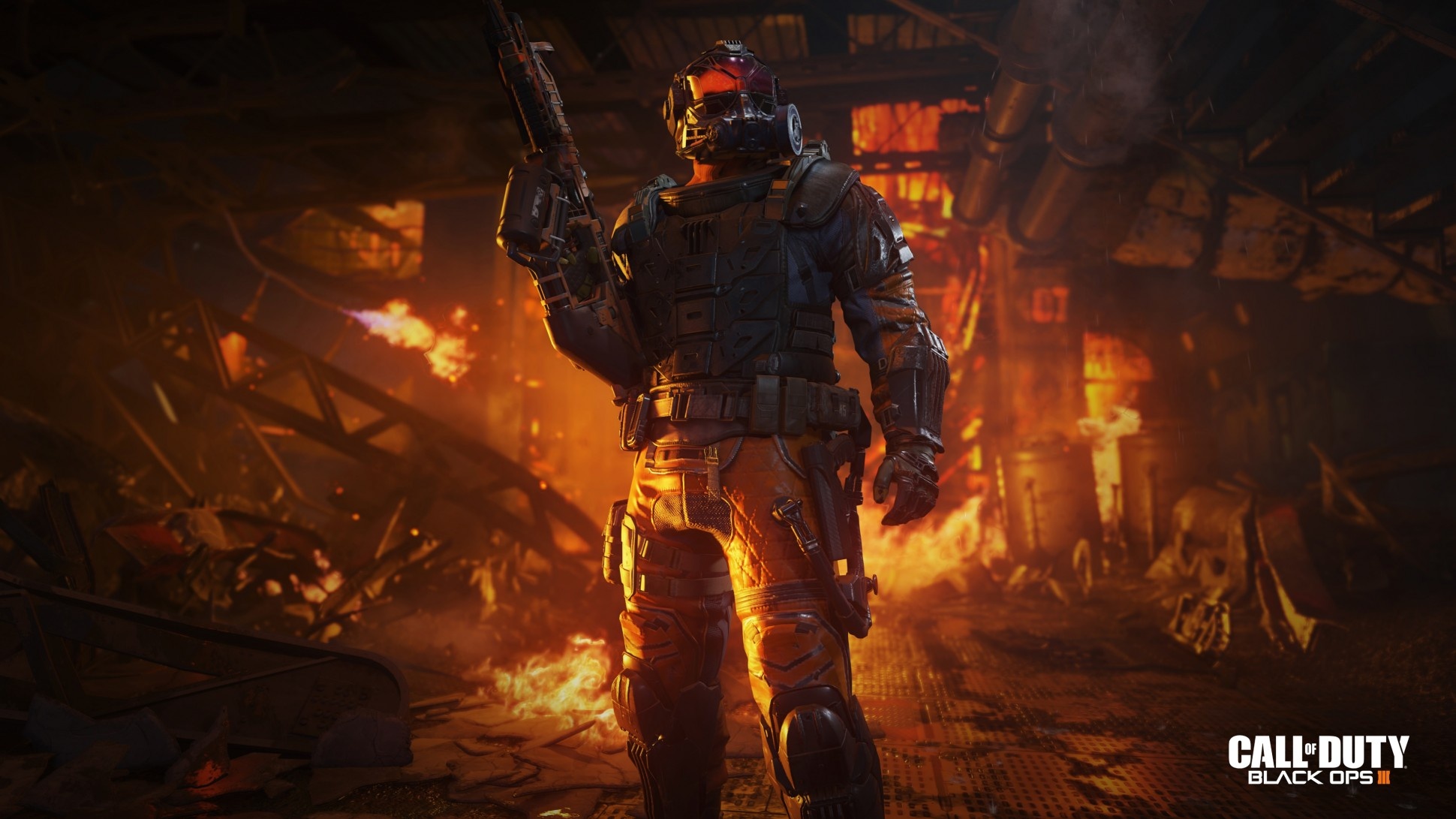 Firebreak specialist, Call of Duty: Black Ops III logo, Fiery industrial environment, HD Desktop wallpaper
