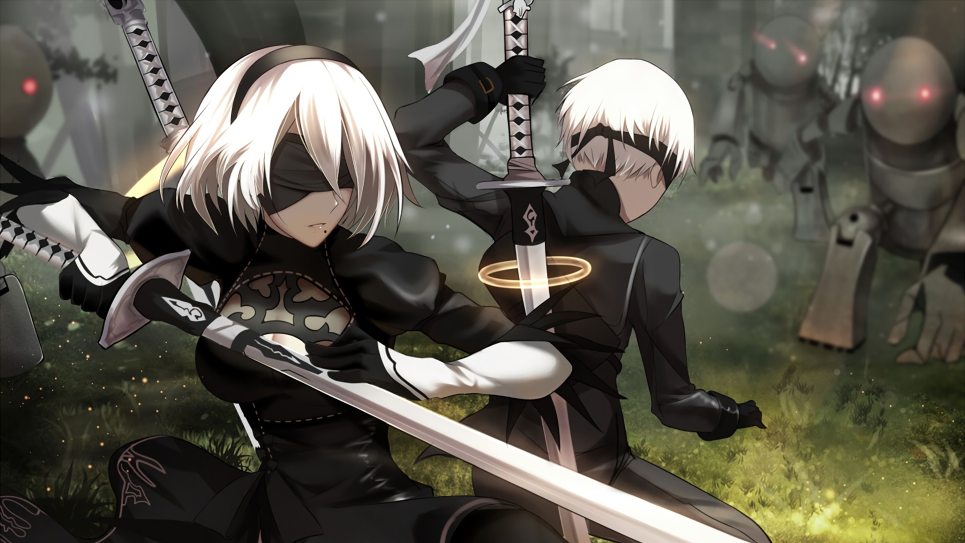 2B, 9S, NieR: Automata machine lifeforms, Virtuous Contract katana, Full HD Desktop wallpaper