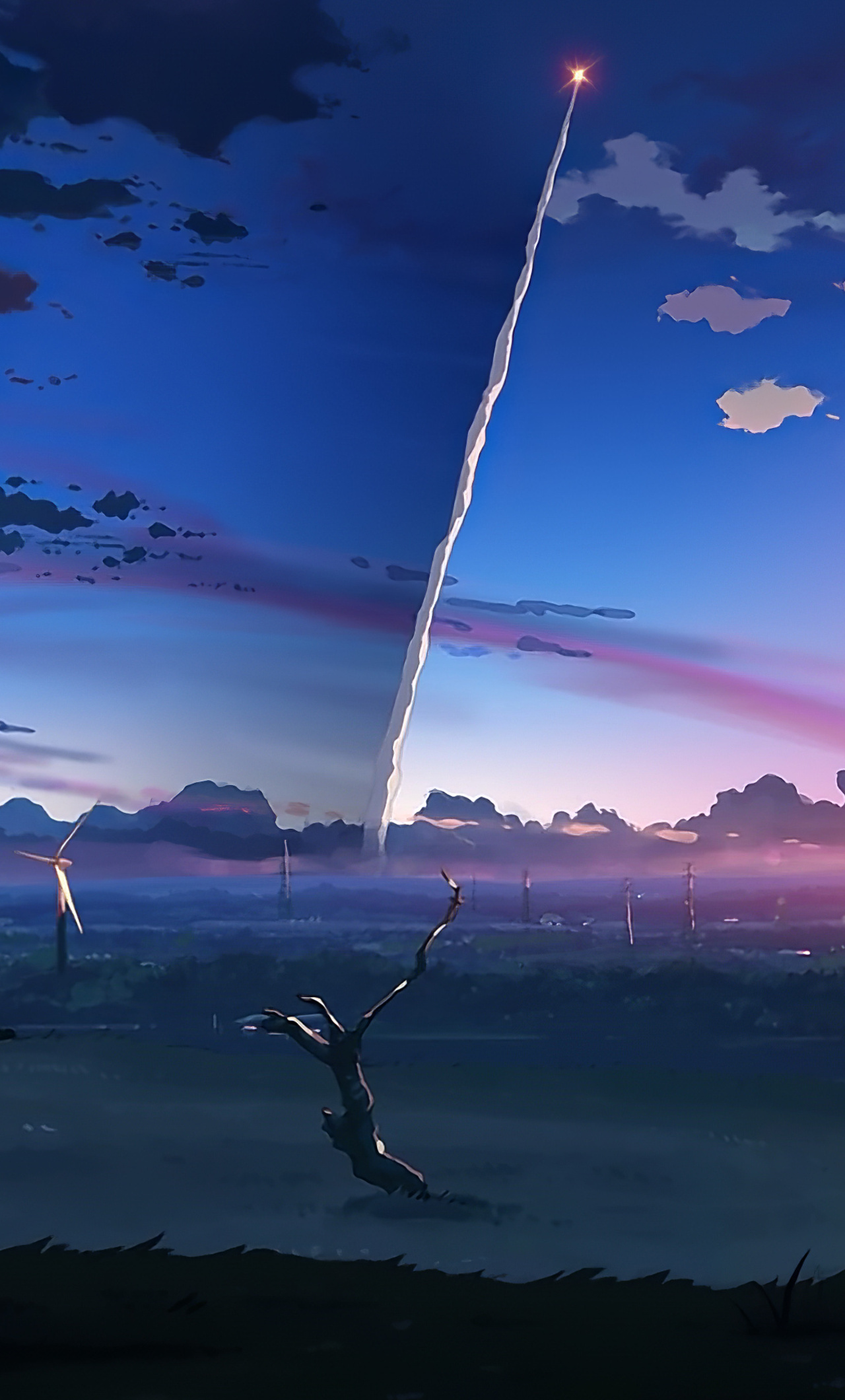 5 Centimeters per Second rocket, Tanegashima twilight landscape, Wind turbine silhouette, HD Phone wallpaper