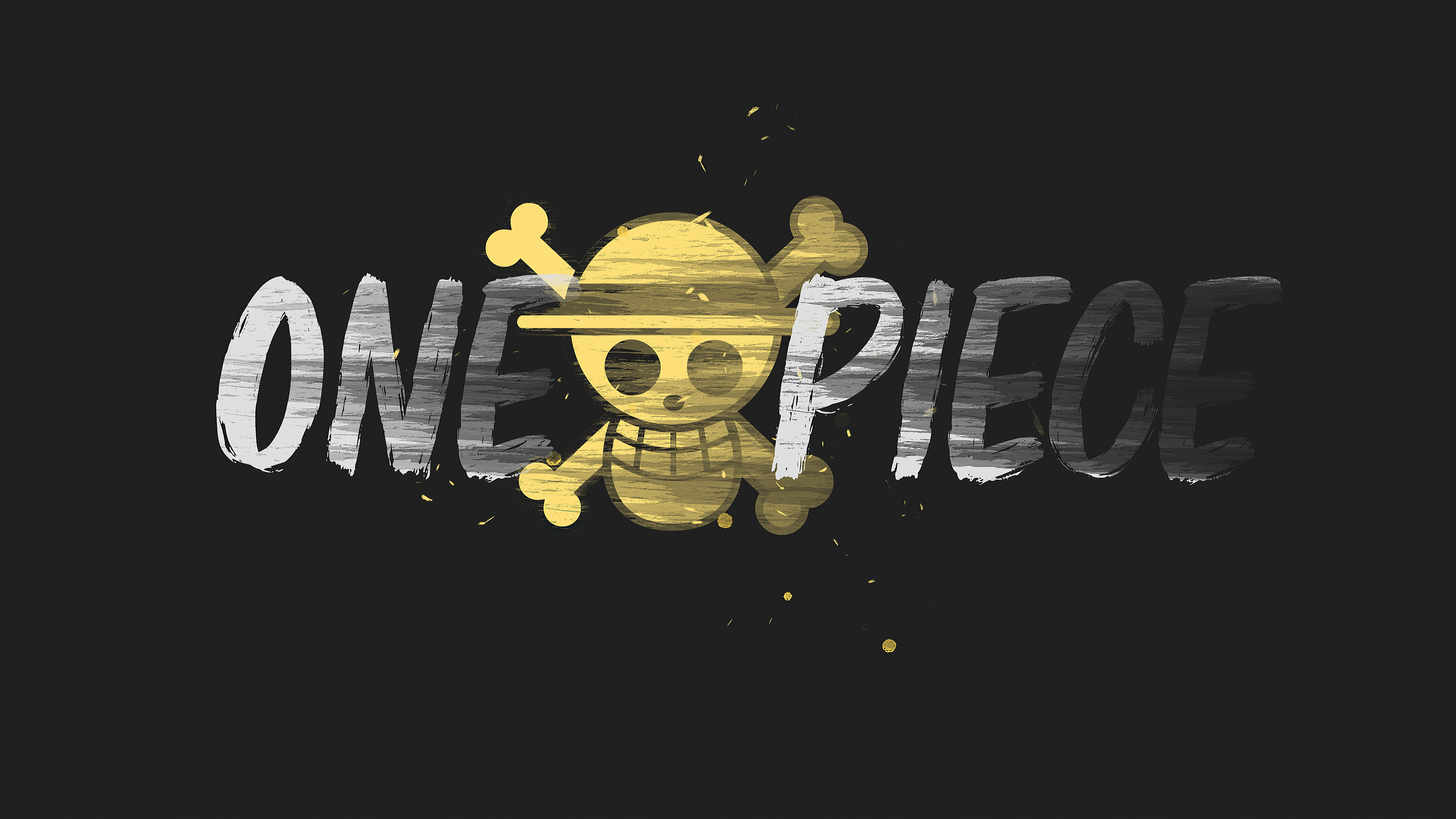 Straw Hat Pirates Jolly Roger, ONE PIECE text, painted brush stroke emblem, 4K Desktop wallpaper