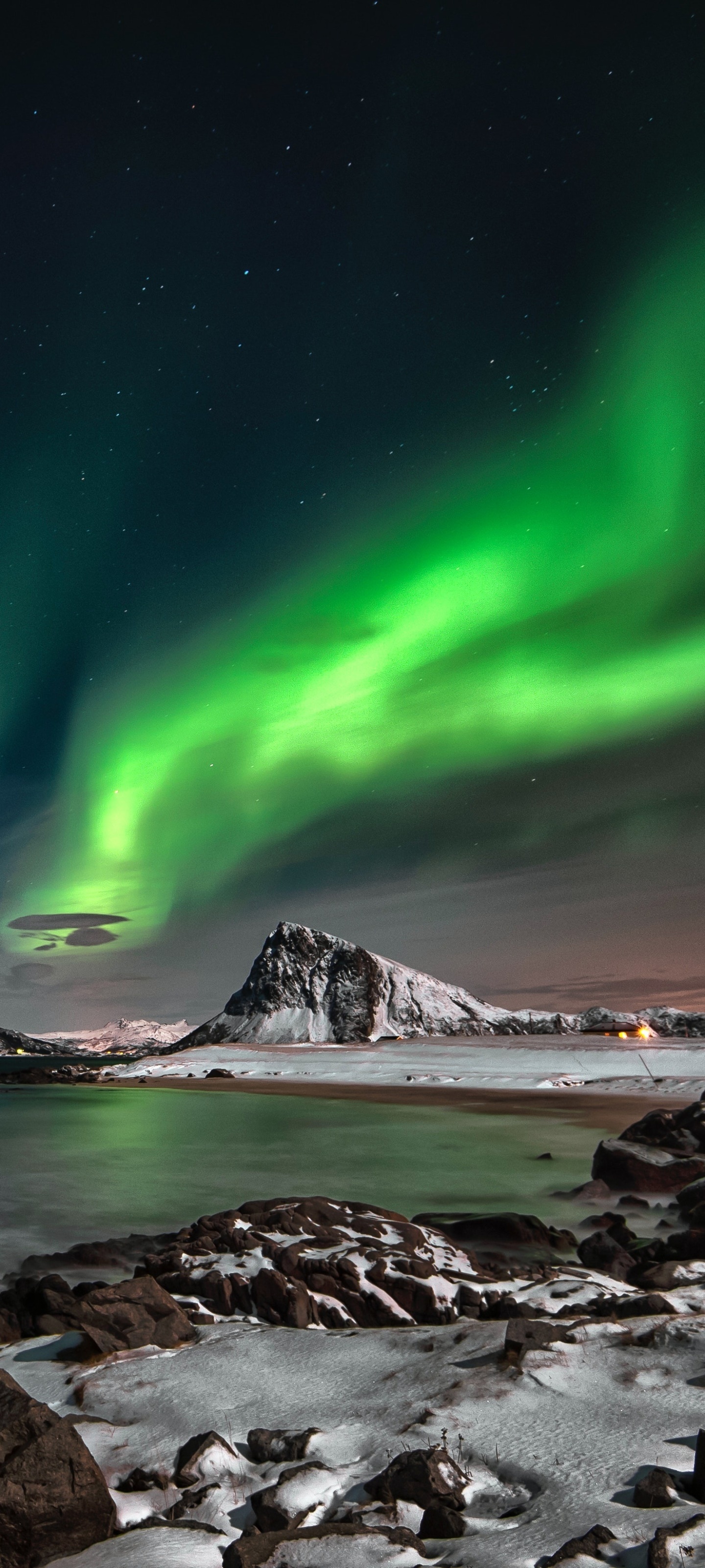 Green aurora borealis, Snow covered coastal mountain, Rocky arctic shoreline, HD Phone wallpaper