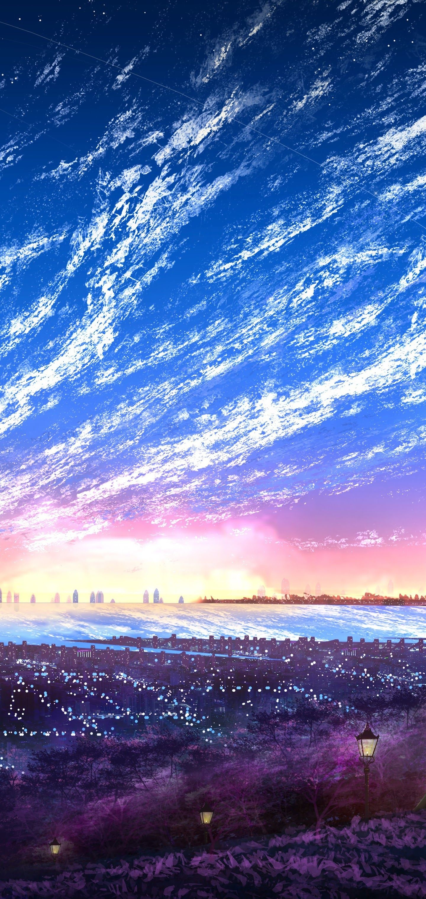 glowing hillside street lanterns, twilight anime cityscape, wispy sunset cloudscape, HD Phone wallpaper