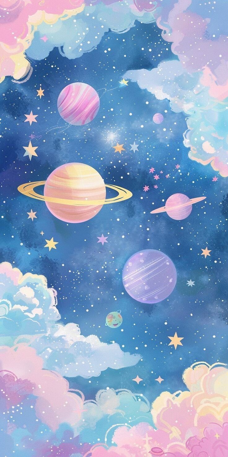 Planets And Stars In Clouds, Cosmos, Pastel colors, Night Sky Phone Wallpaper