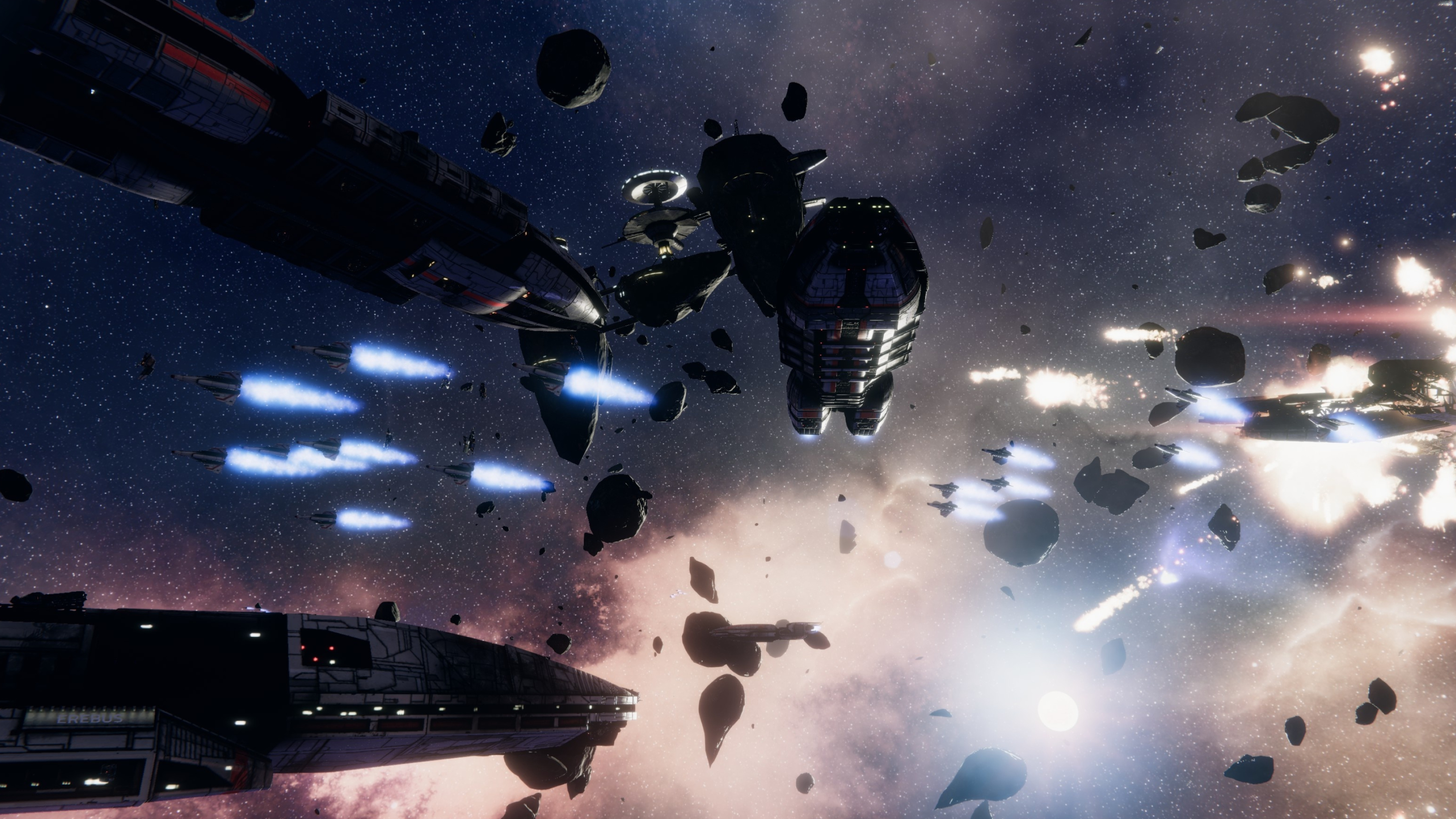 Space battle, Battleship, Battlestar Galactica, Cylons, 3840x2160 4K Desktop