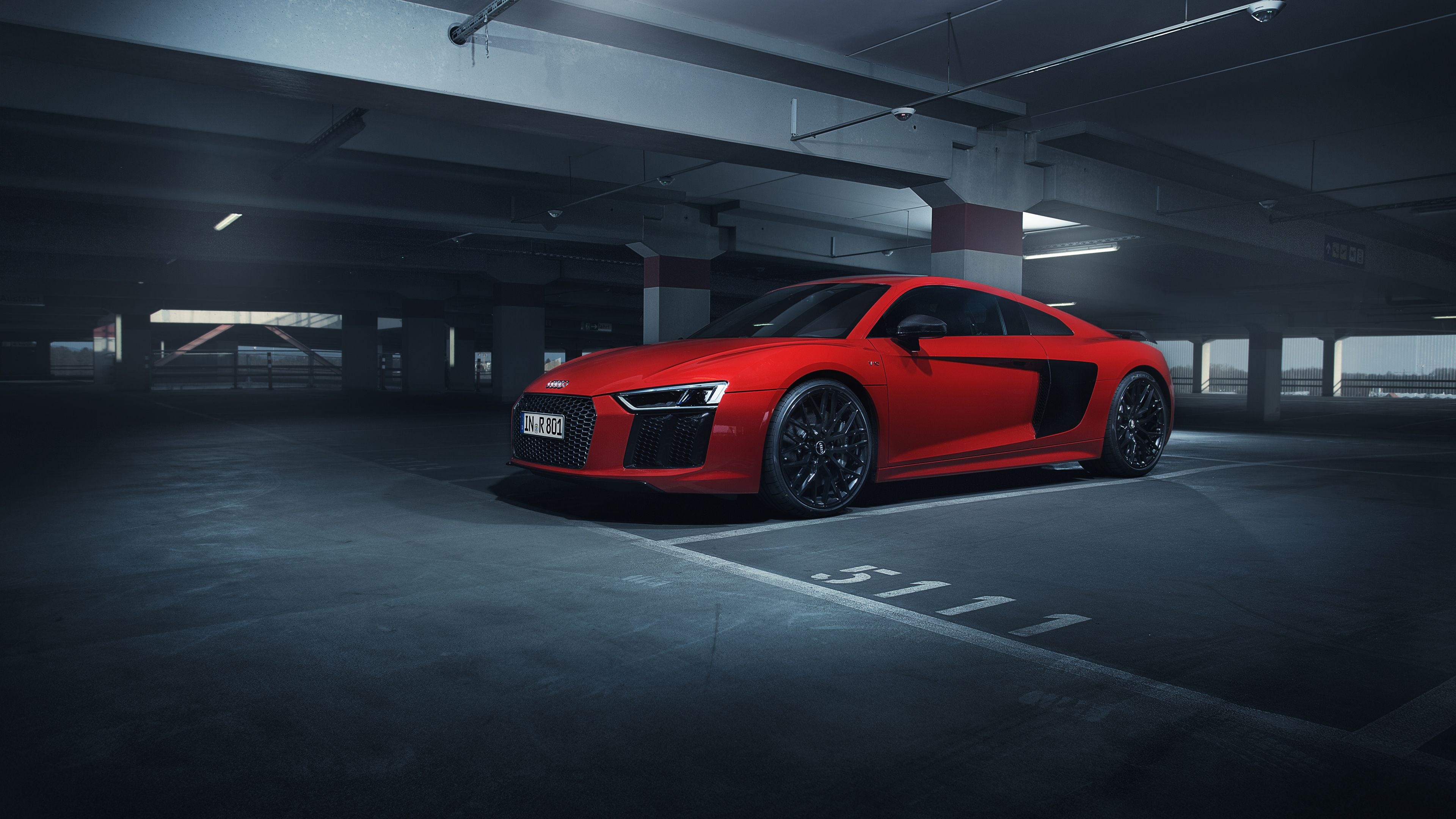 Audi R8 V10 Plus, underground parking garage, parking bay number 5111, 4K Desktop wallpaper
