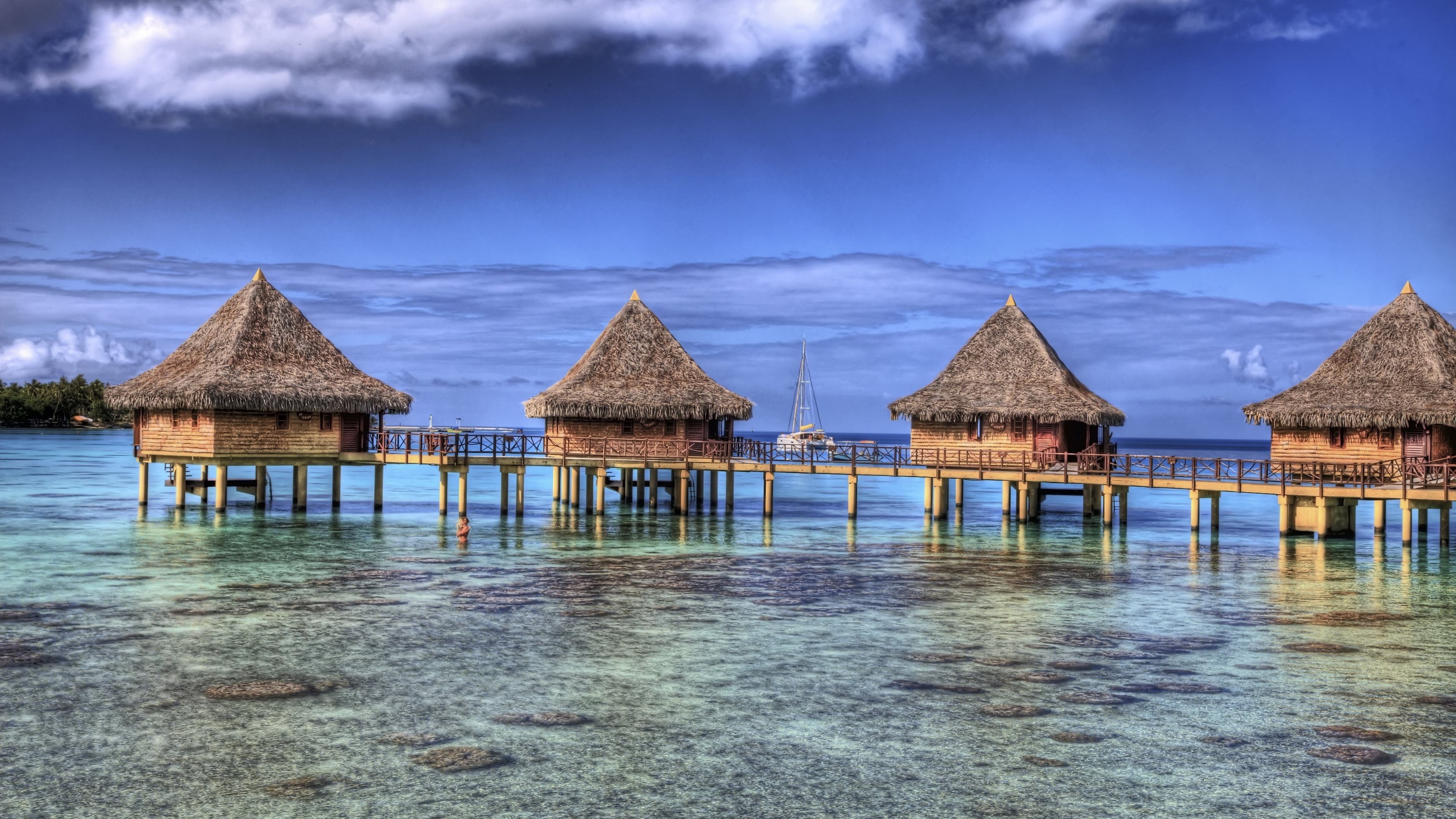 Strand lagune tropisch, Franzsisch polynesien bungalow, Bucht see natur, Weie sandstrnde, 3840x2160 4K Desktop