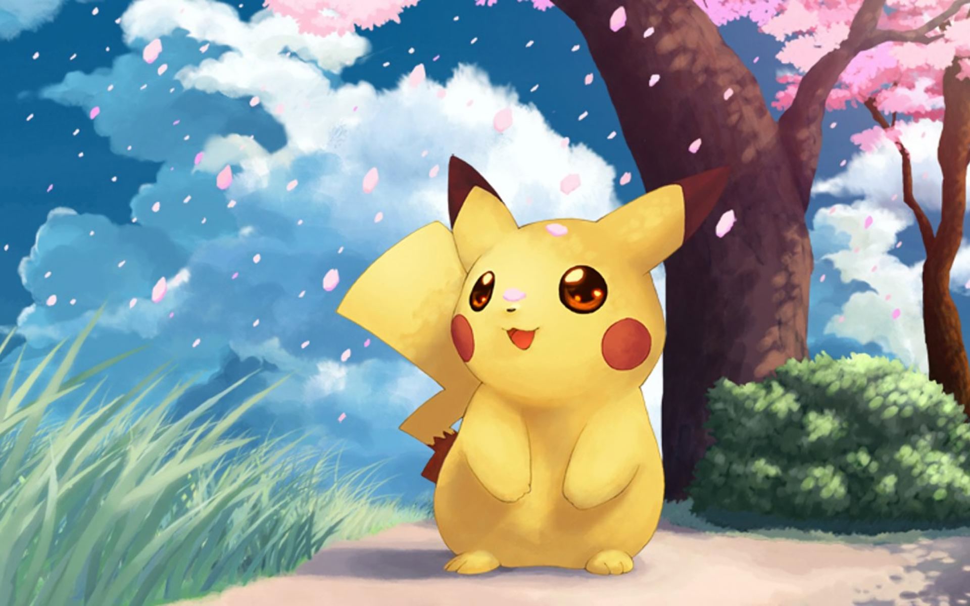 Pikachu, falling cherry blossoms, grassy path, HD Desktop wallpaper