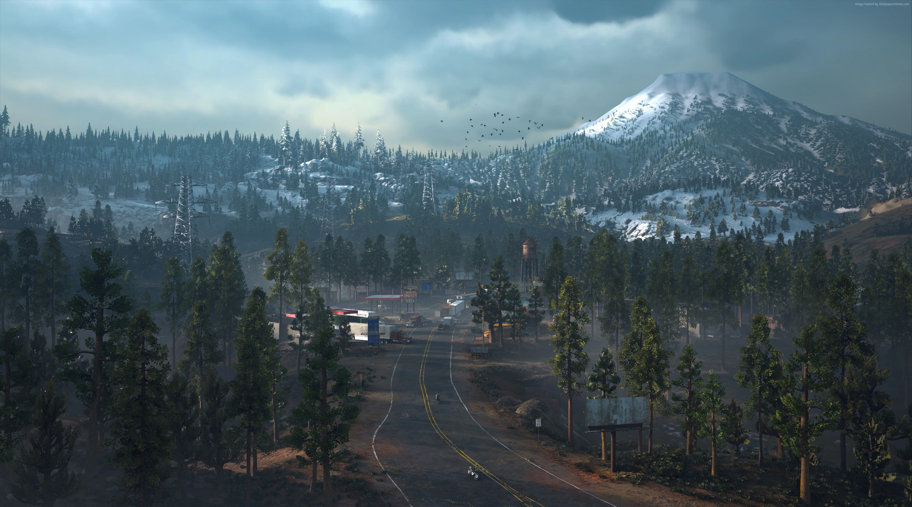 Days Gone Farewell wilderness, snow-capped mountain peak, abandoned two-lane highway, HD Desktop wallpaper