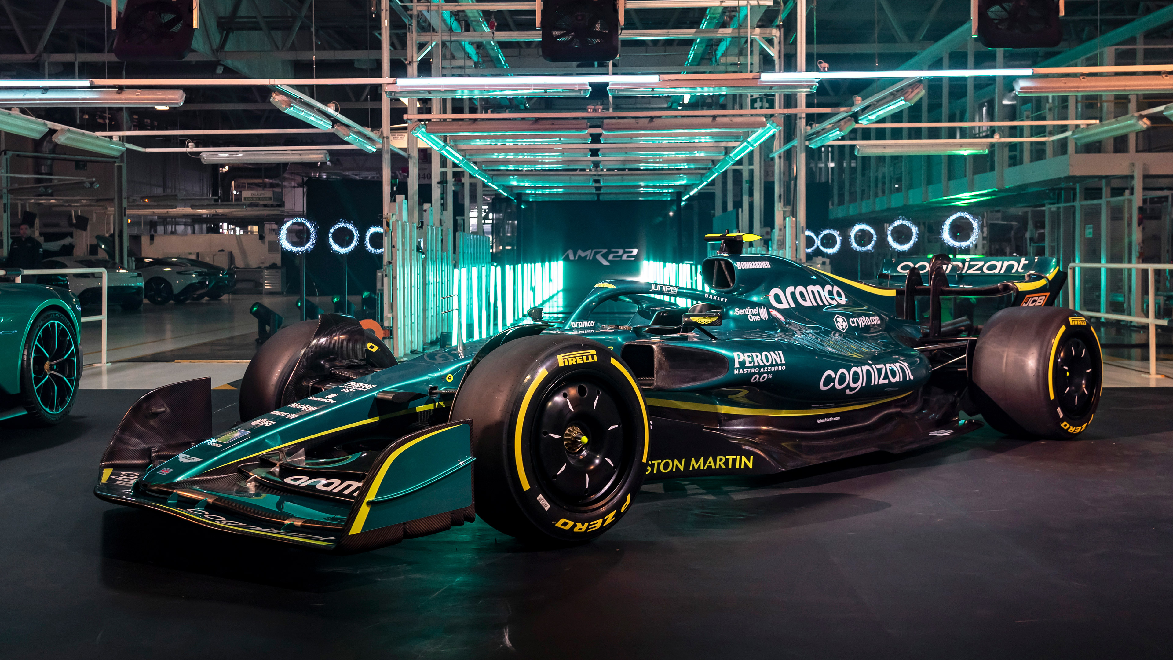 Aston Martin AMR22, Formula One racing car, Neon illuminated factory workshop, 4K Desktop wallpaper