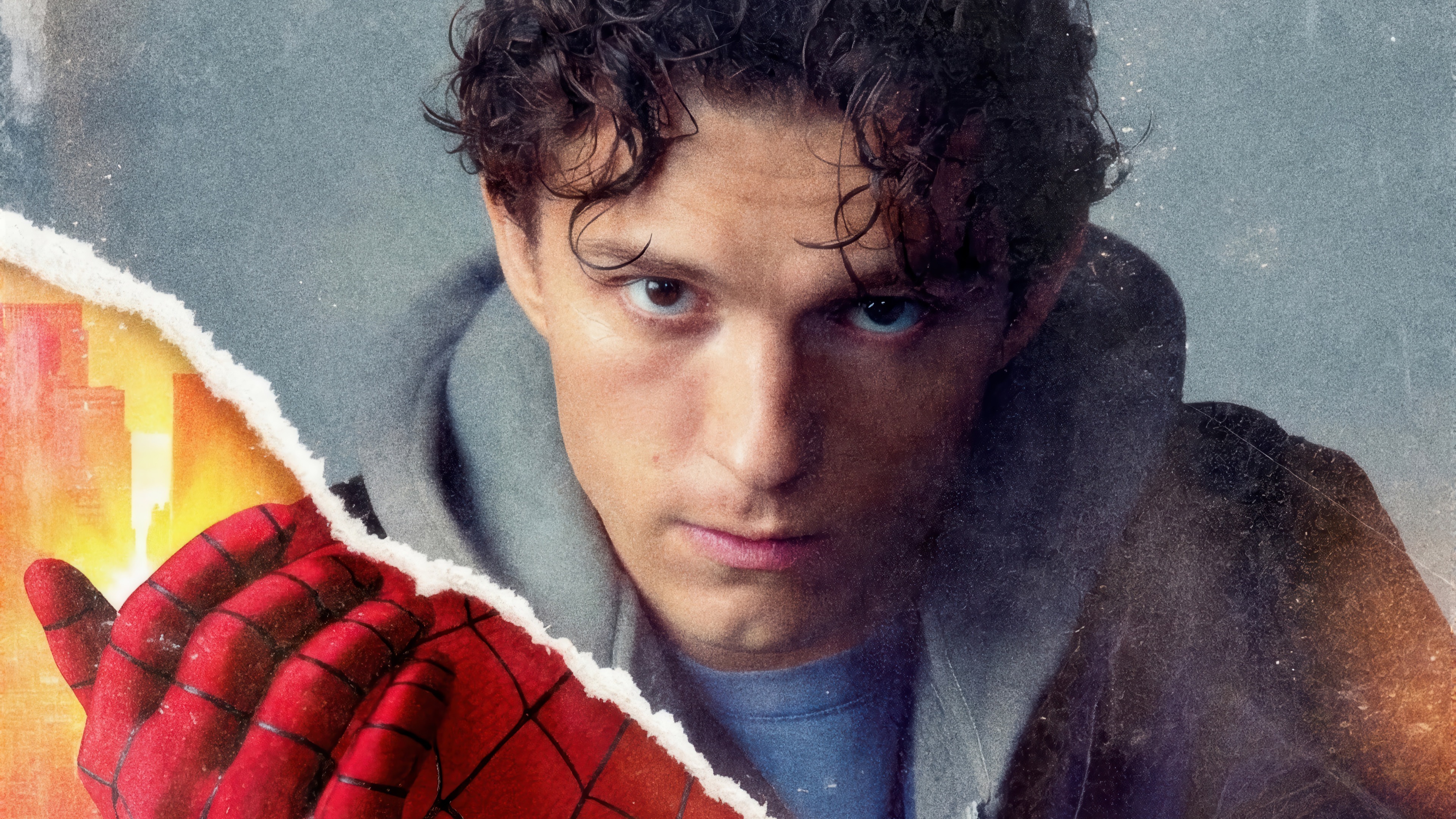 No Way Home, Tom Holland, Spider-Man, Direct intense stare, Torn paper overlay, Red webbed glove, Textured grey backdrop, 4K Desktop wallpaper