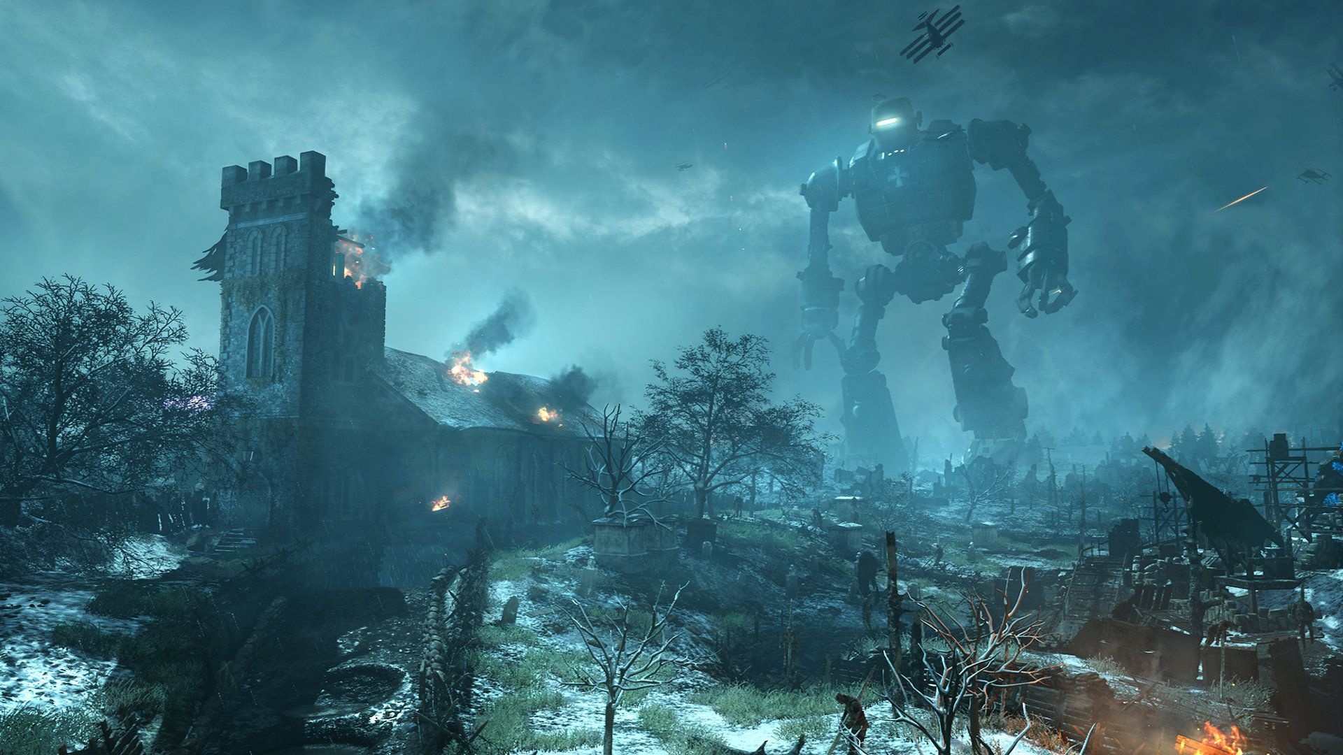 Origins Giant Robot, Origins burning church ruins, Snowy World War I battlefield, Full HD Desktop wallpaper