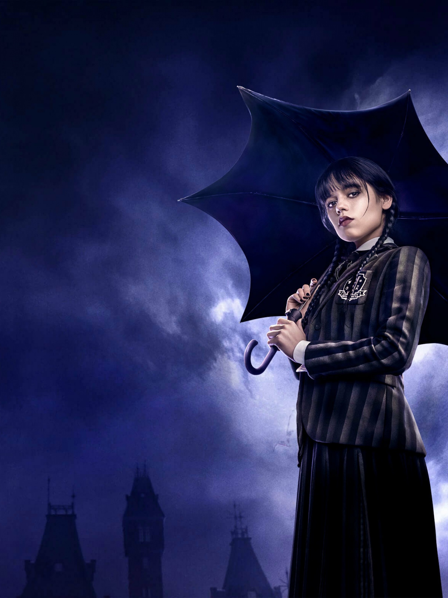 Wednesday Addams (Jenna Ortega), Nevermore Academy uniform, black pointed umbrella, HD Phone wallpaper
