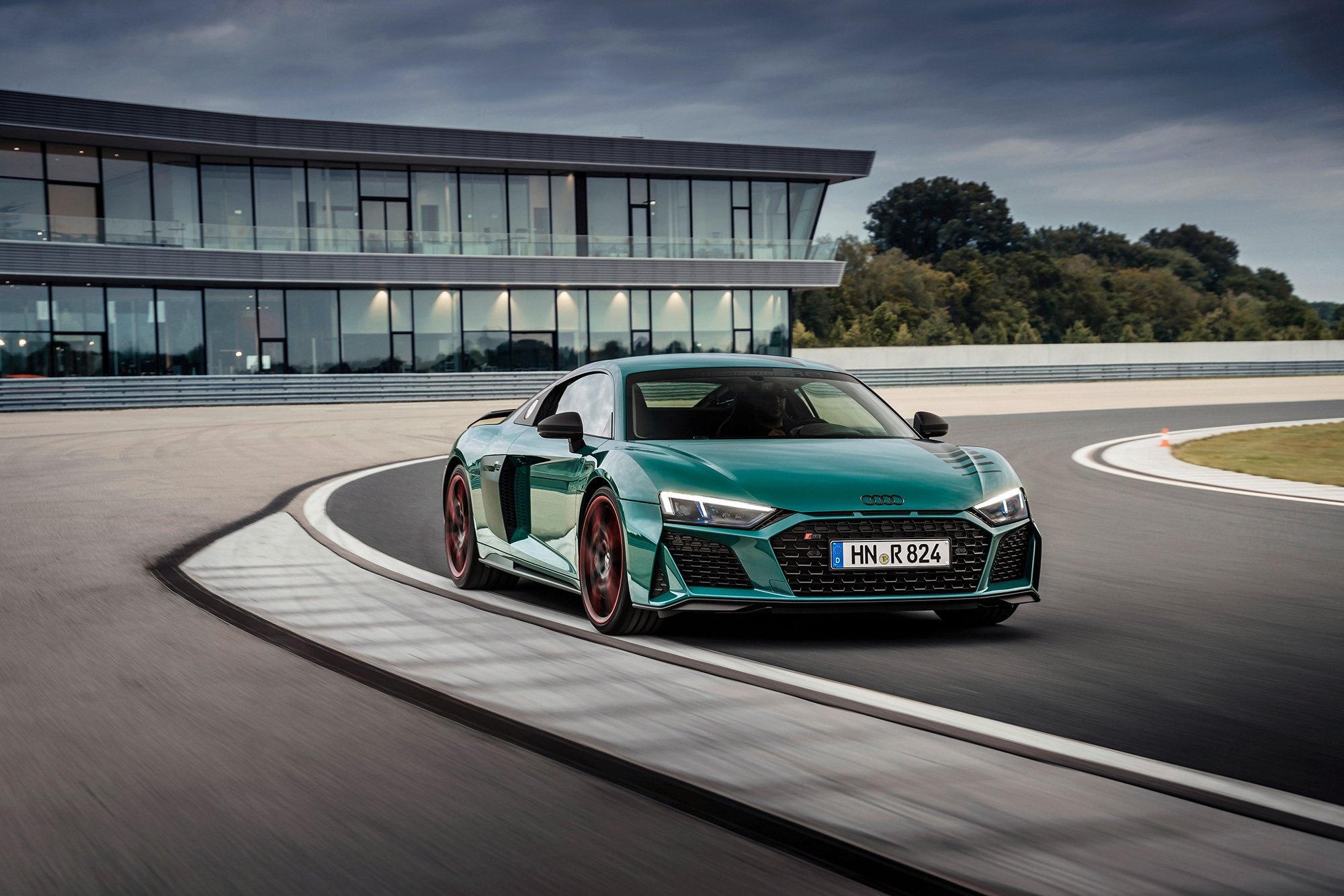 Audi R8 V10 coupe, race track curve, modern pit facility building, HD Desktop wallpaper