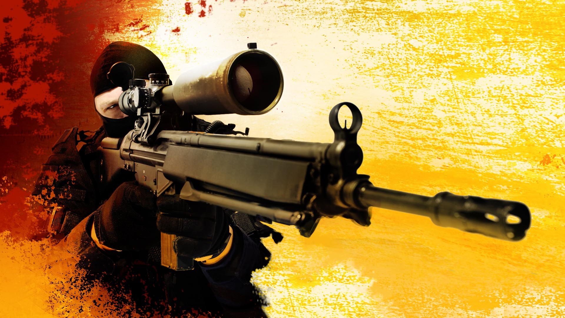 Counter-Strike Counter-Terrorist, Heckler & Koch G3SG1, yellow grunge backdrop, Full HD Desktop wallpaper