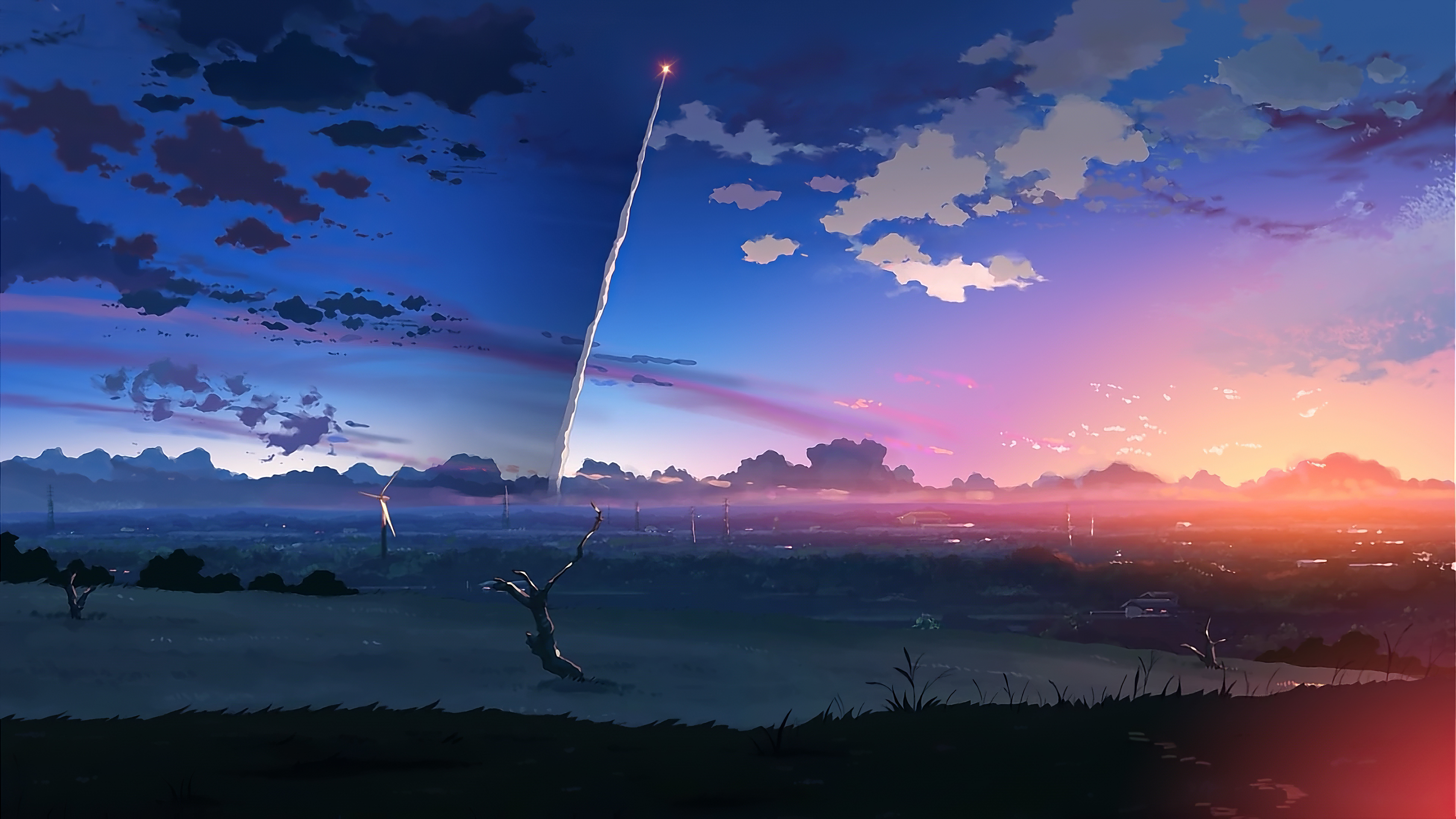 5 Centimeters per Second rocket launch, Tanegashima landscape, Twilight sunset sky, 4K Desktop wallpaper