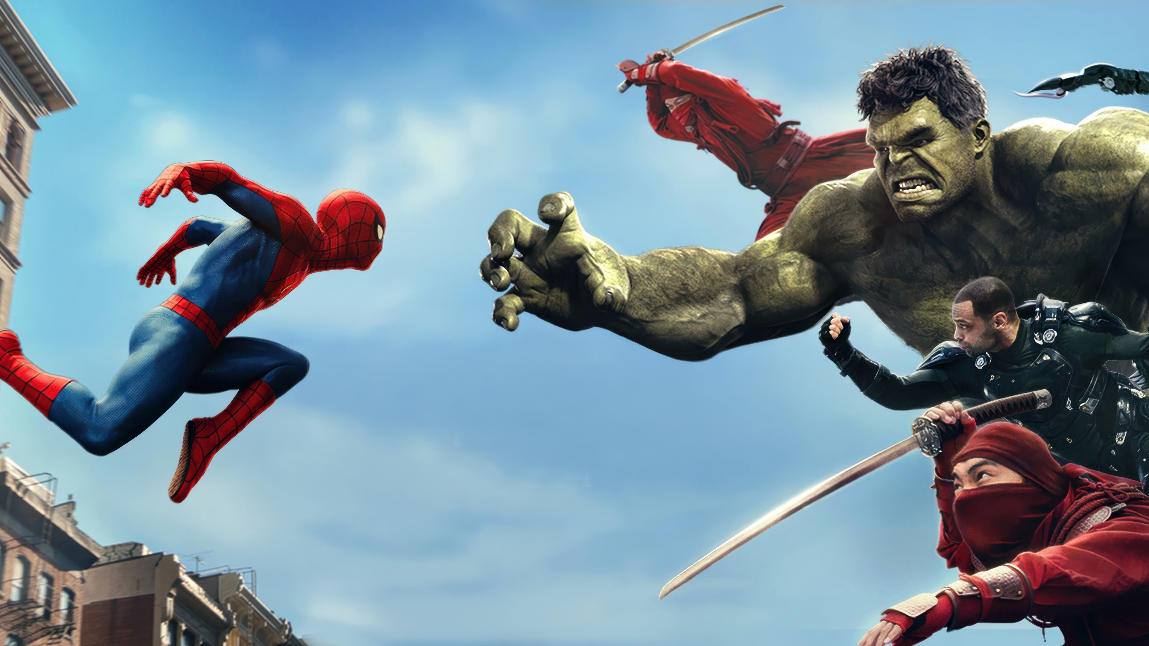 Brand New Day, Red masked suits, Doctor Octopus, The Hand, Hulk, Spider-Man, Bright blue sky, 4K Desktop wallpaper