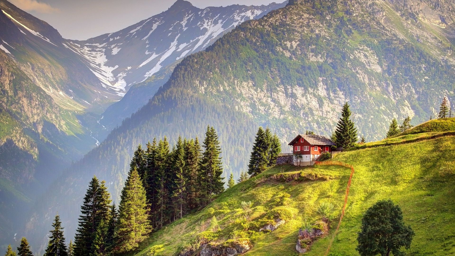 Swiss Alps mountain landscape, Alpine wooden chalet, Lush green mountain slope, Full HD Desktop wallpaper