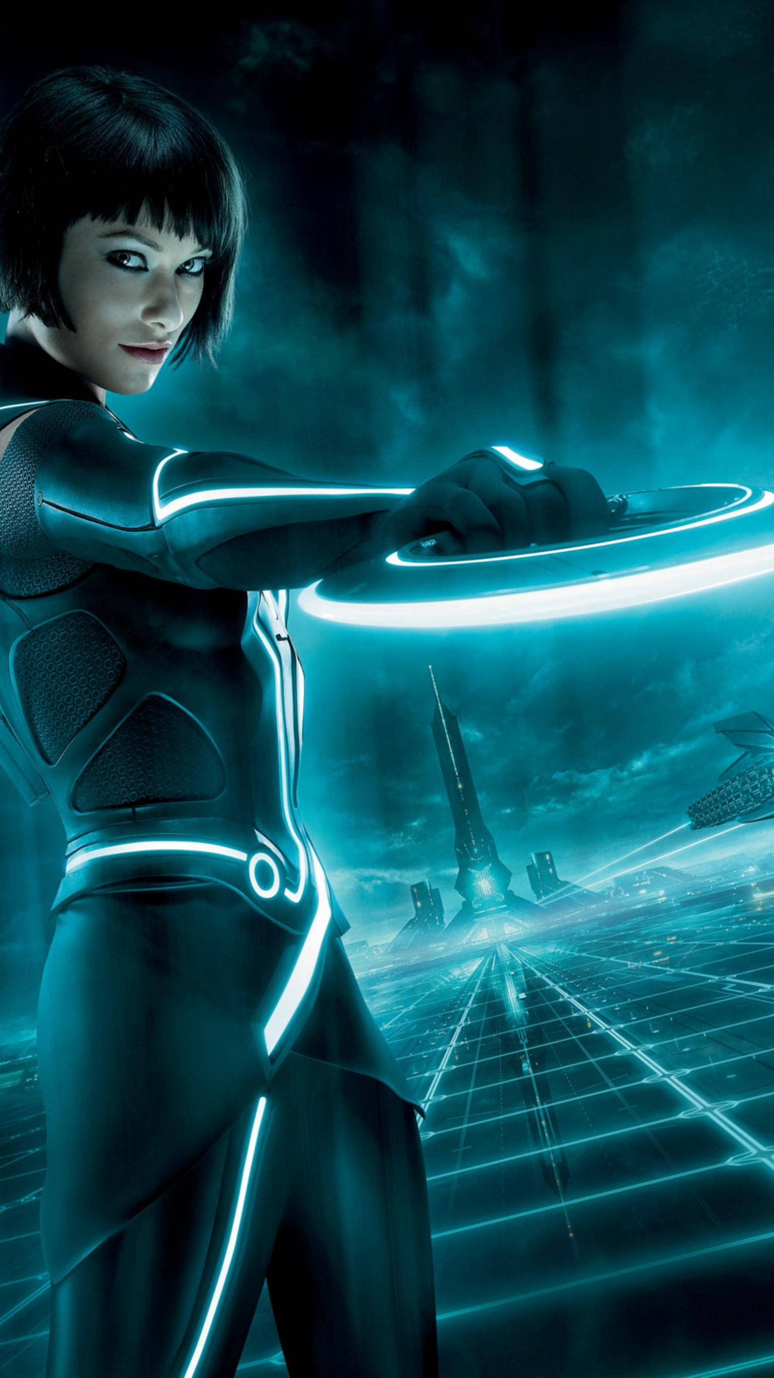 Olivia Wilde as Quorra, Glowing cyan Identity Disc, The Grid digital landscape, HD Phone wallpaper