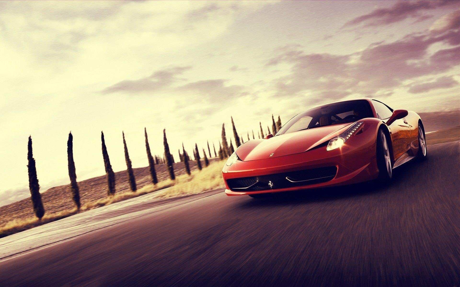 Ferrari 458 Italia, cypress tree lined road, motion blur driving, HD Desktop wallpaper