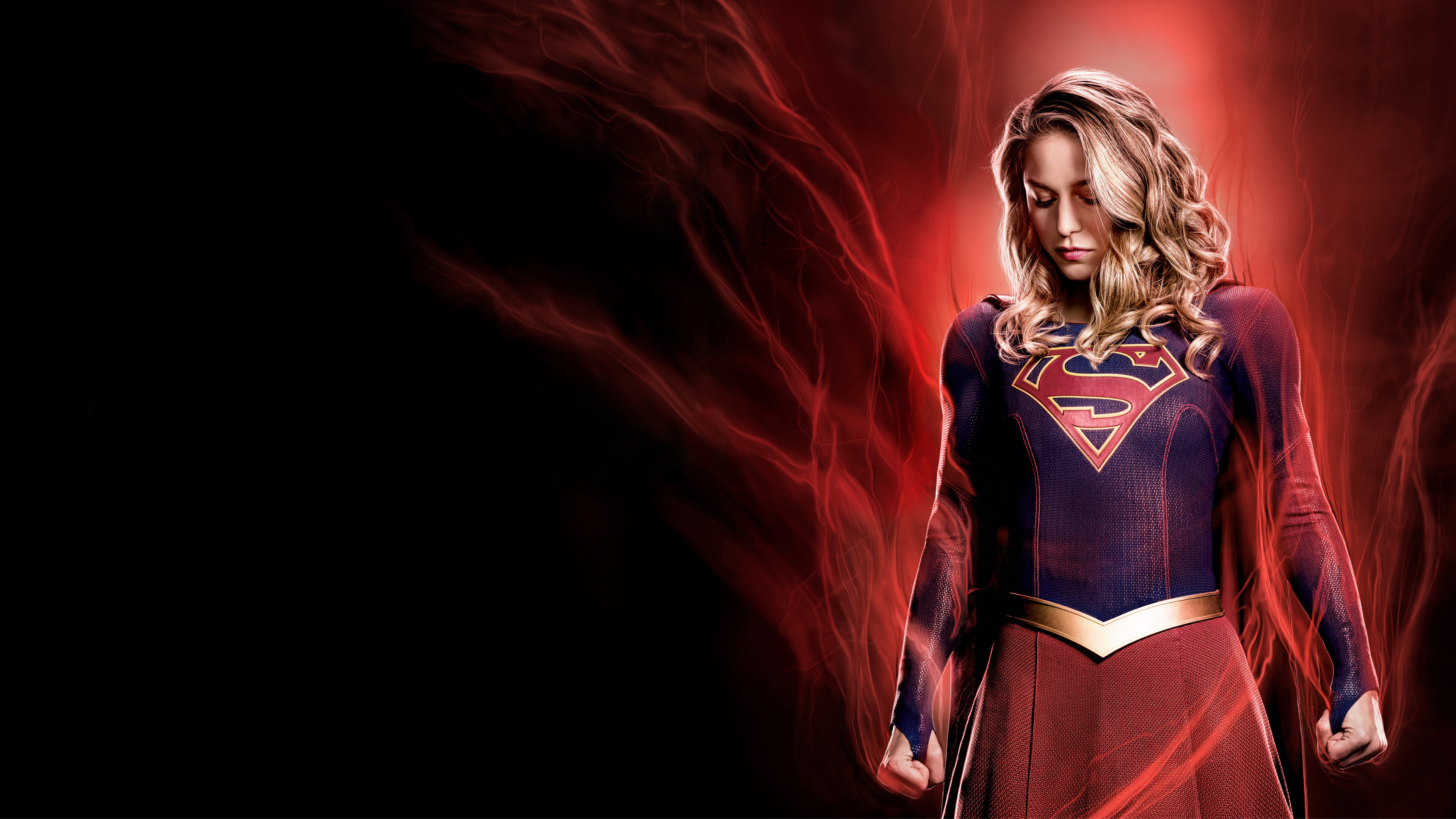 Melissa Benoist as Supergirl, House of El crest, Red energy aura, 4K Desktop wallpaper