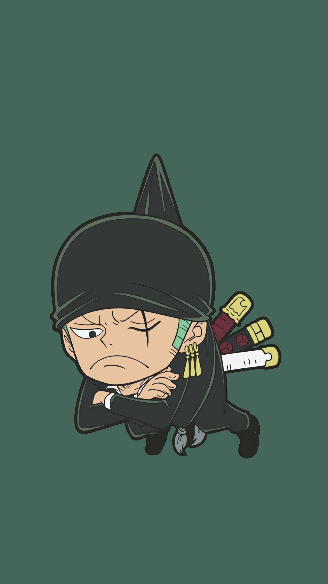 Chibi Roronoa Zoro, Three katana swords, Olive green background, Full HD Phone wallpaper