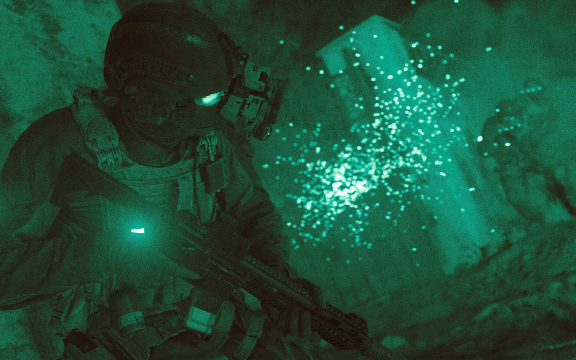 Call of Duty: Modern Warfare, Tactical night vision operator, Green phosphor breaching sparks, HD Desktop wallpaper