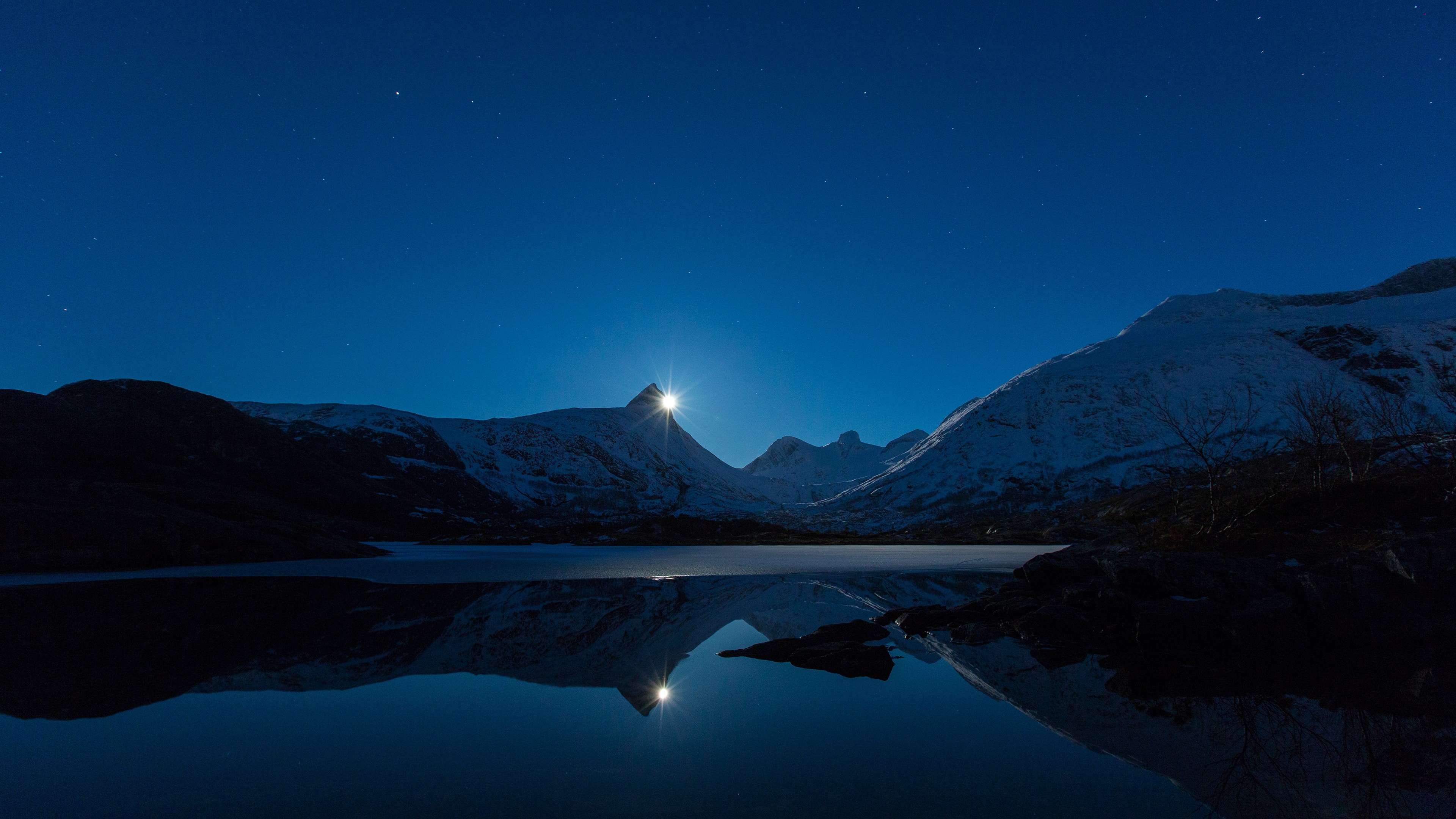 Night Mountain, Lake, Starry Sky, Outdoor, Nature, 3840x2160 4K Desktop