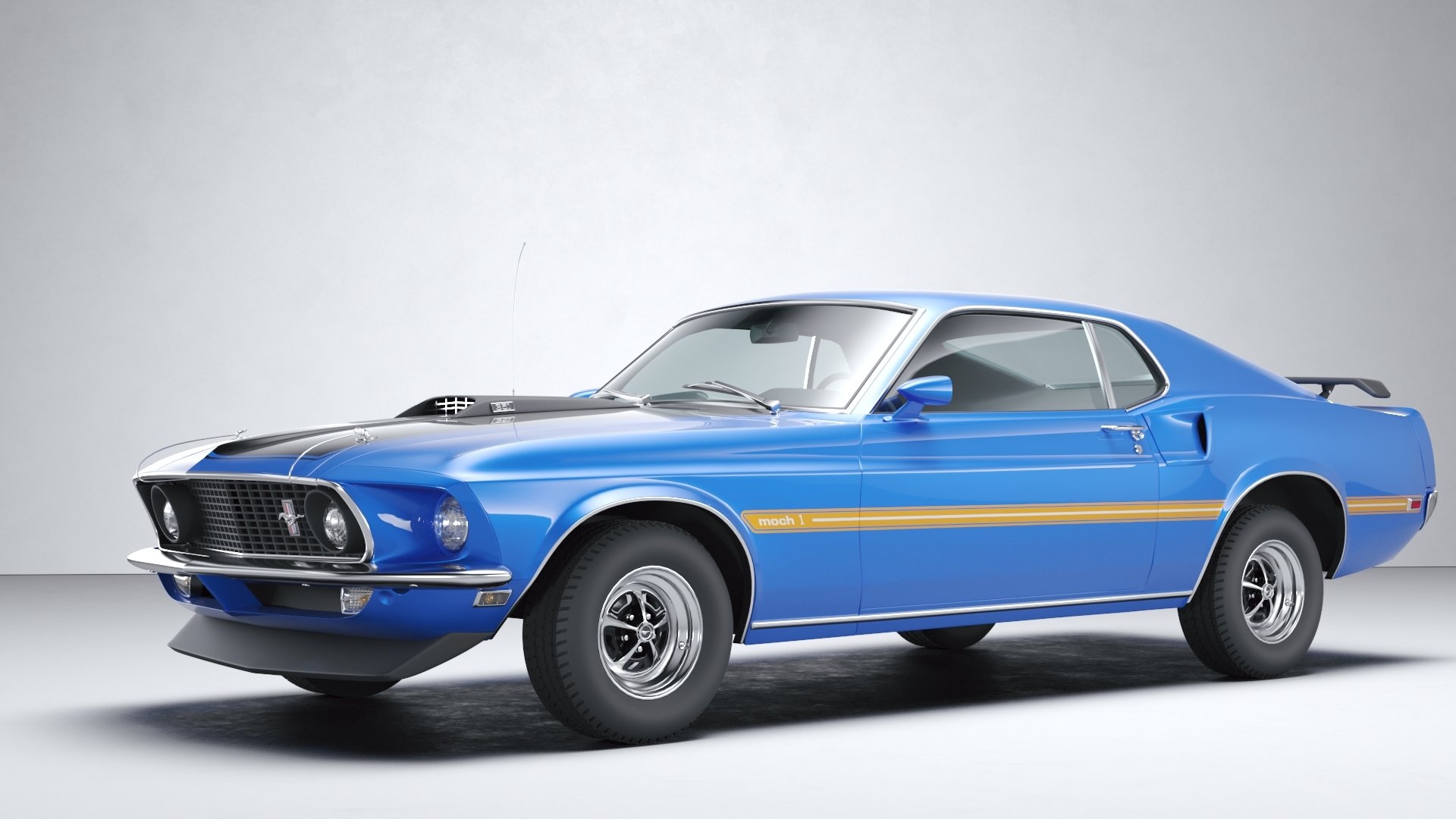 1969 Ford Mustang Mach 1, Shaker hood scoop, White studio background, Full HD Desktop wallpaper