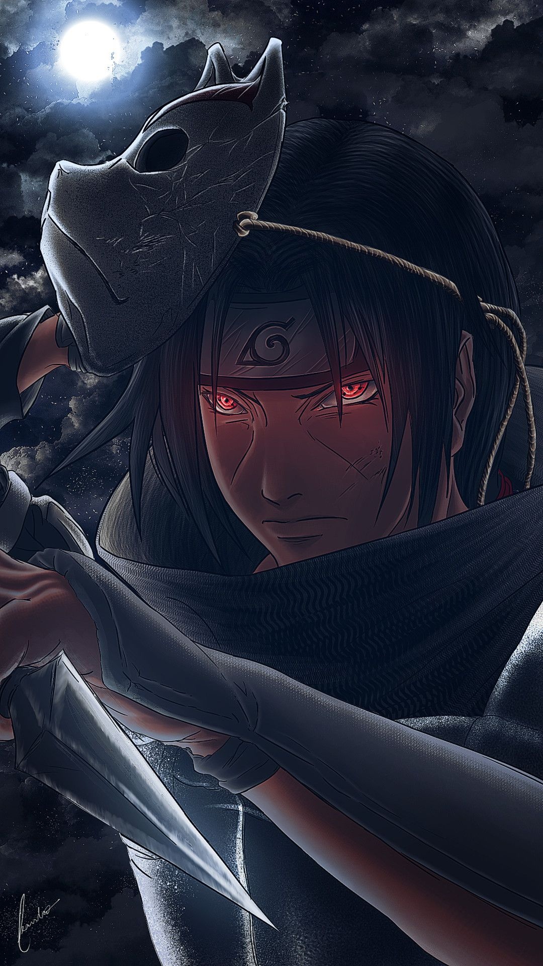 Anbu Itachi Uchiha, Anbu porcelain mask, glowing Sharingan eyes, Full HD Phone wallpaper