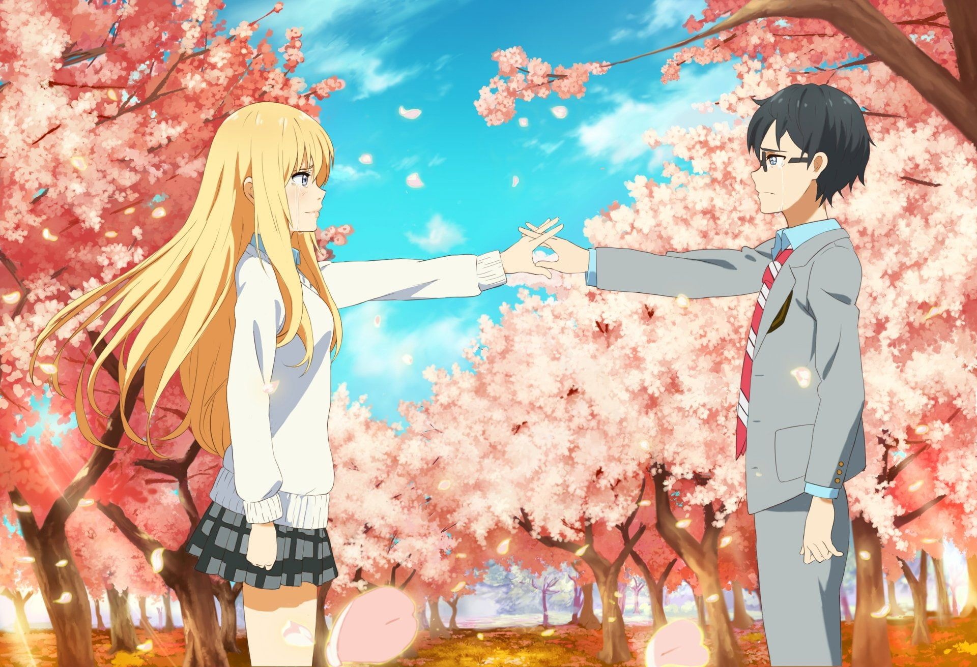 Kaori Miyazono, Kousei Arima, Blooming cherry blossom trees, HD Desktop wallpaper