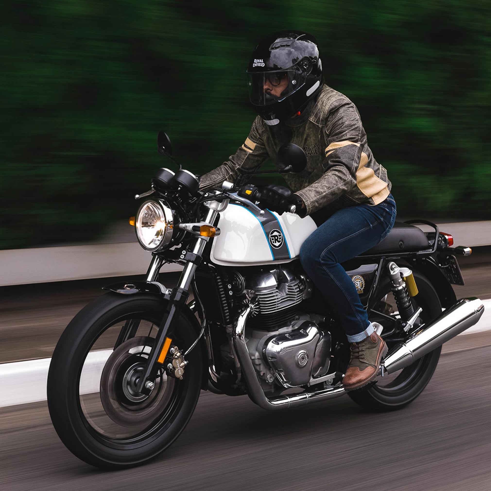 Royal Enfield Continental GT 650, Motorcyclist in riding gear, Motion blur road background, HD Phone wallpaper