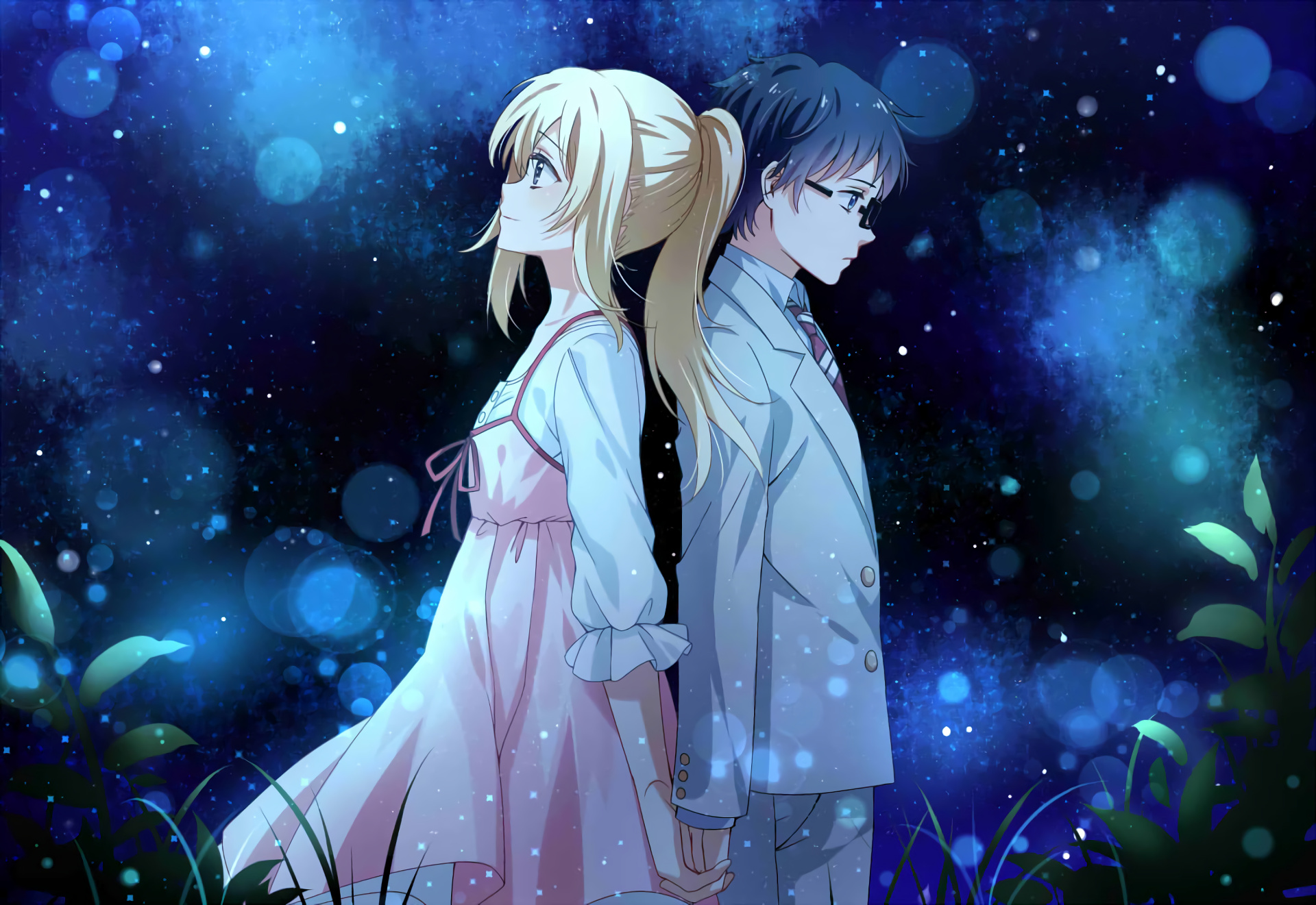 Kaori Miyazono, Kousei Arima, Glowing blue starry night, HD Desktop wallpaper