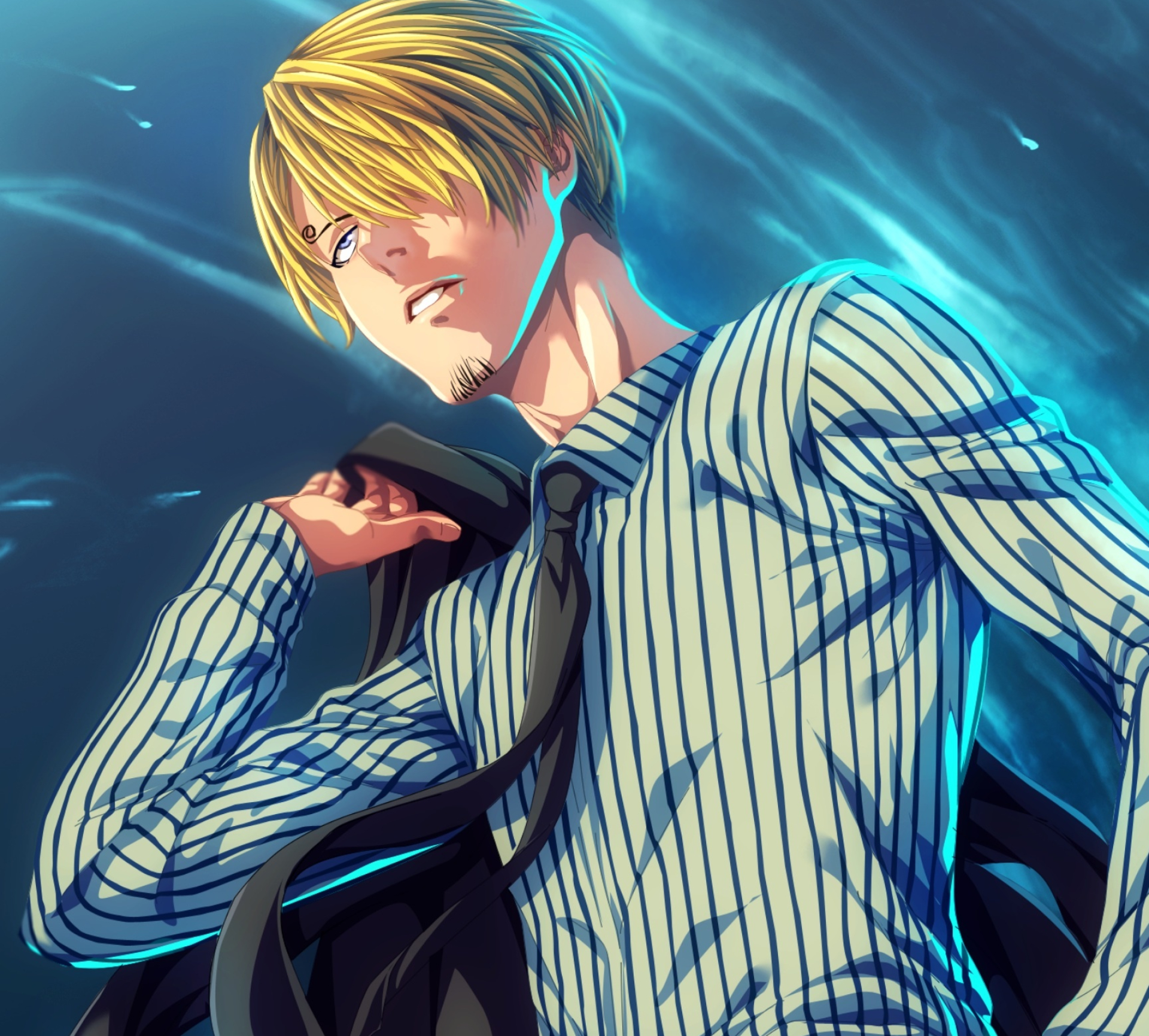 Vinsmoke Sanji, striped button-up shirt, blue energy aura, HD Desktop wallpaper
