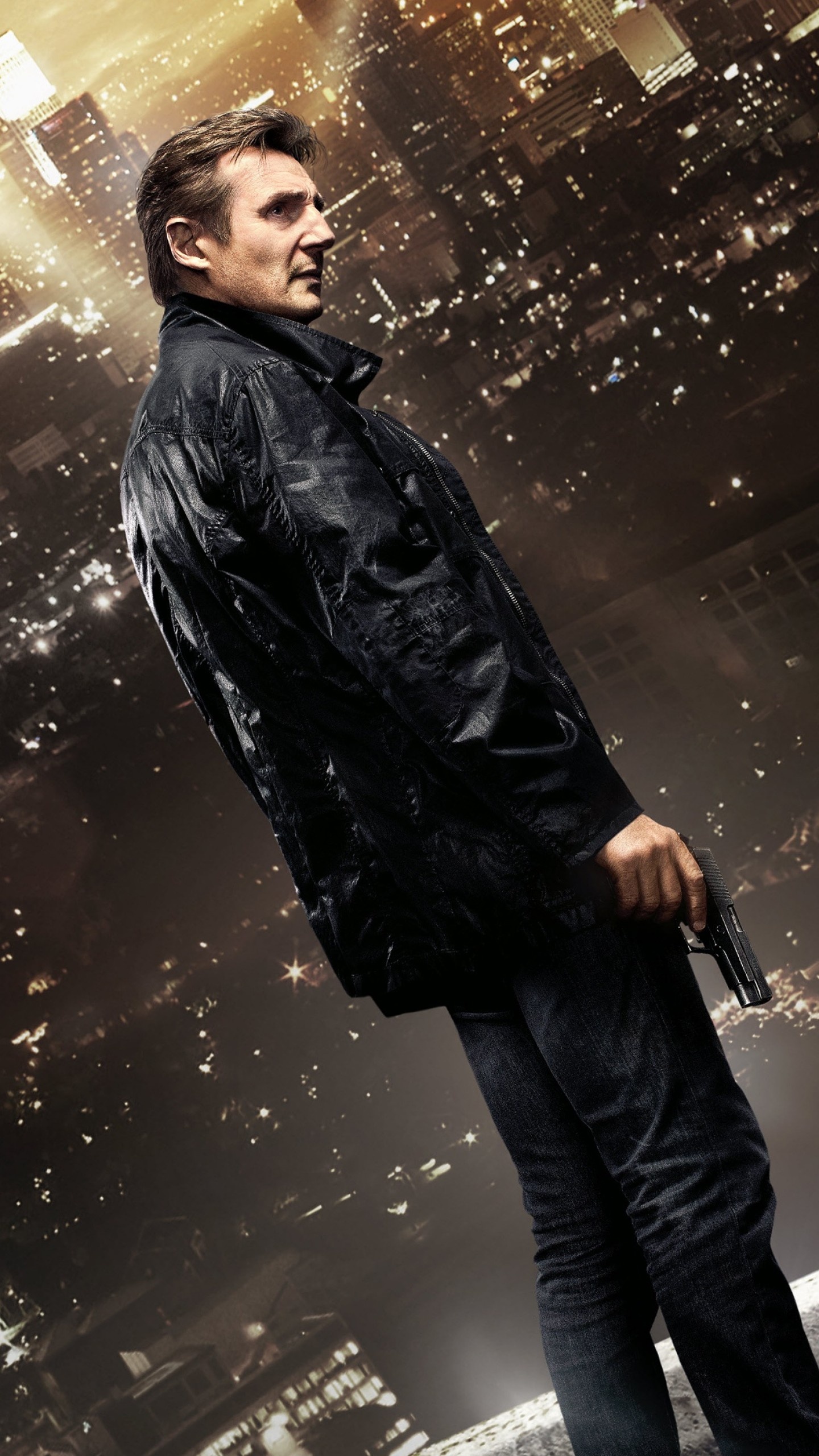 Liam Neeson, Taken film, Night city lights, Helicopter, 1440x2560 HD Phone