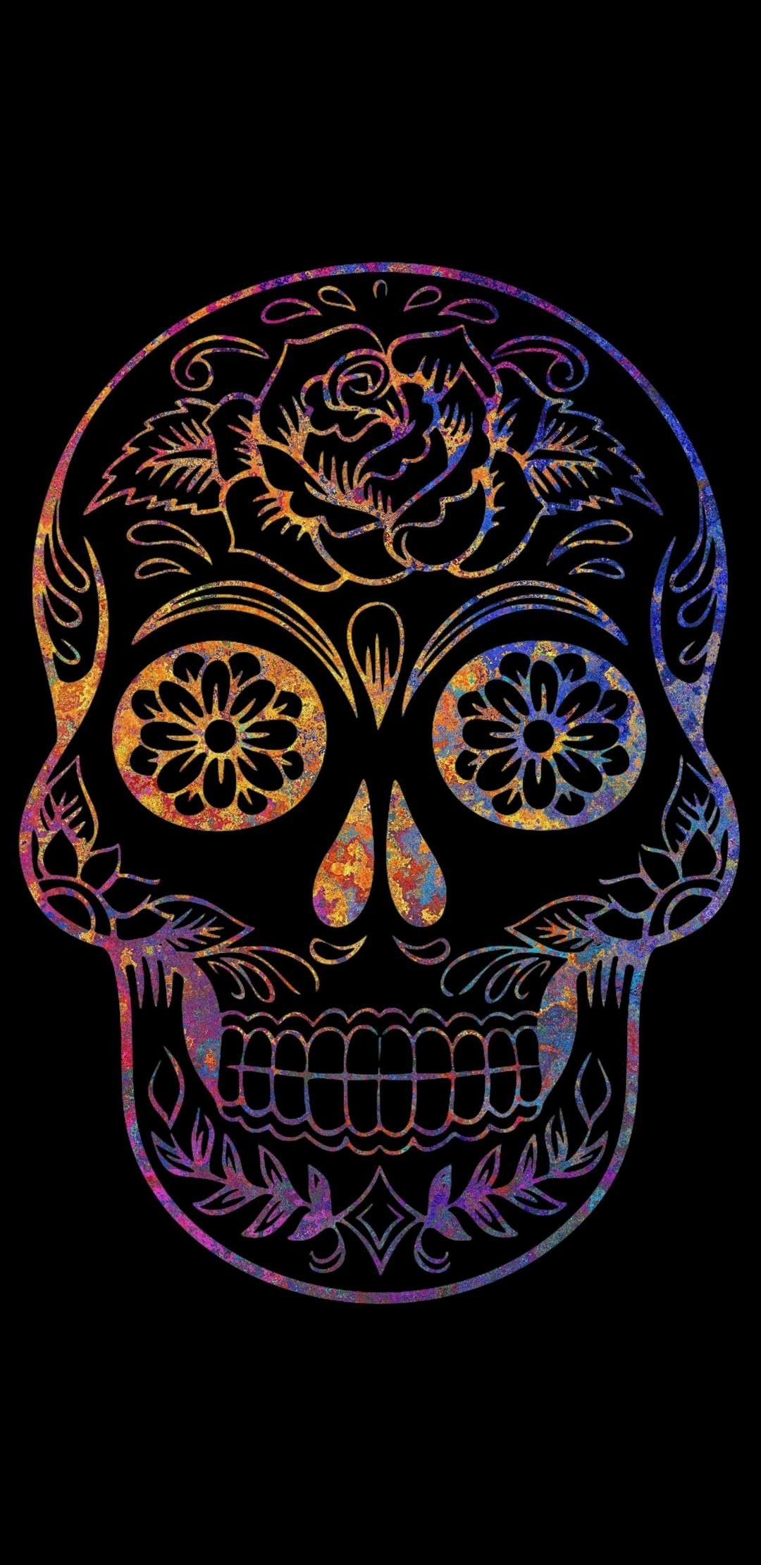 Calavera sugar skull outline, Rose crown floral eyes, Iridescent glitter linework, HD Phone wallpaper