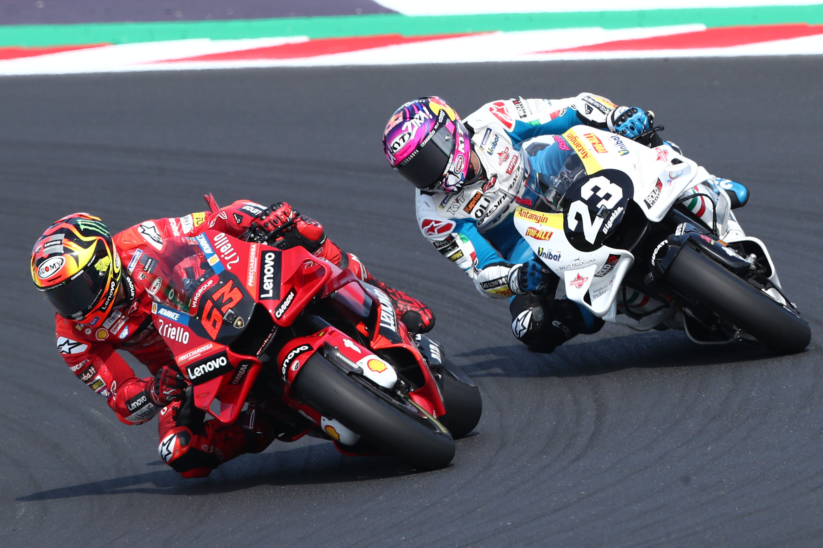 Francesco Bagnaia number 63, Enea Bastianini number 23, Gresini Racing white Ducati, MotoGP duel through corner, HD Desktop wallpaper