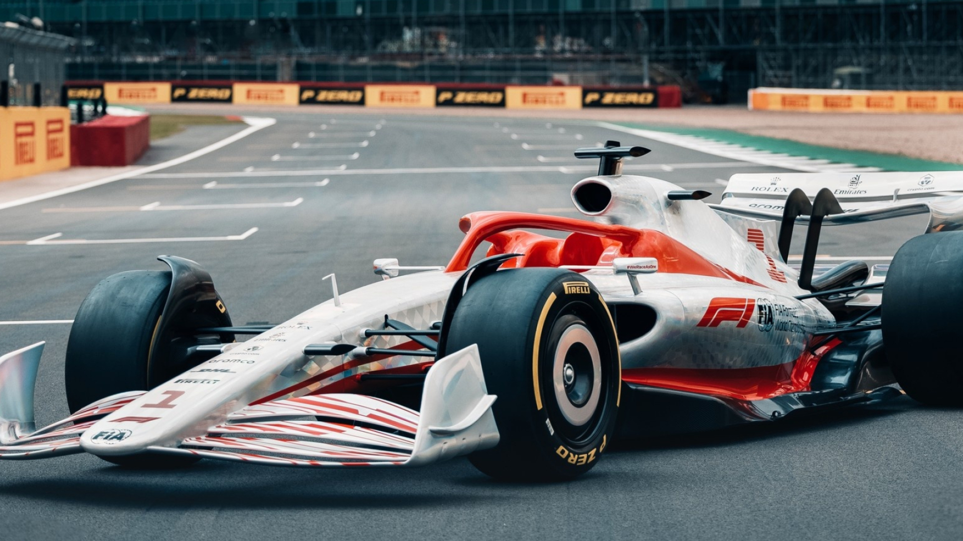 Formula 1 2022 concept showcar, Pirelli P Zero slick tires, Asphalt race track starting grid, Full HD Desktop wallpaper