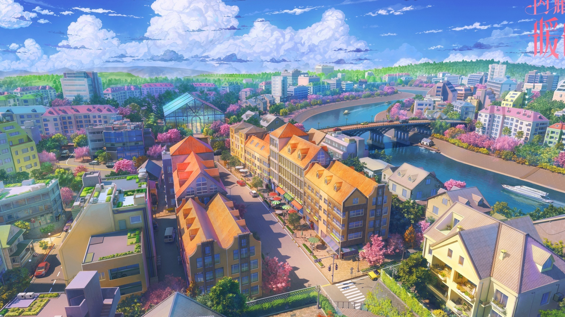 European-style anime townscape, winding city river bridge, blooming cherry blossom trees, Full HD Desktop wallpaper
