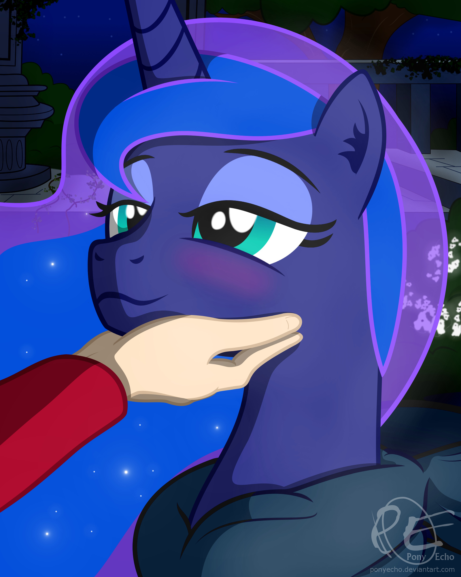 Princess Luna, Human hand caressing chin, Starry night garden, HD Phone wallpaper